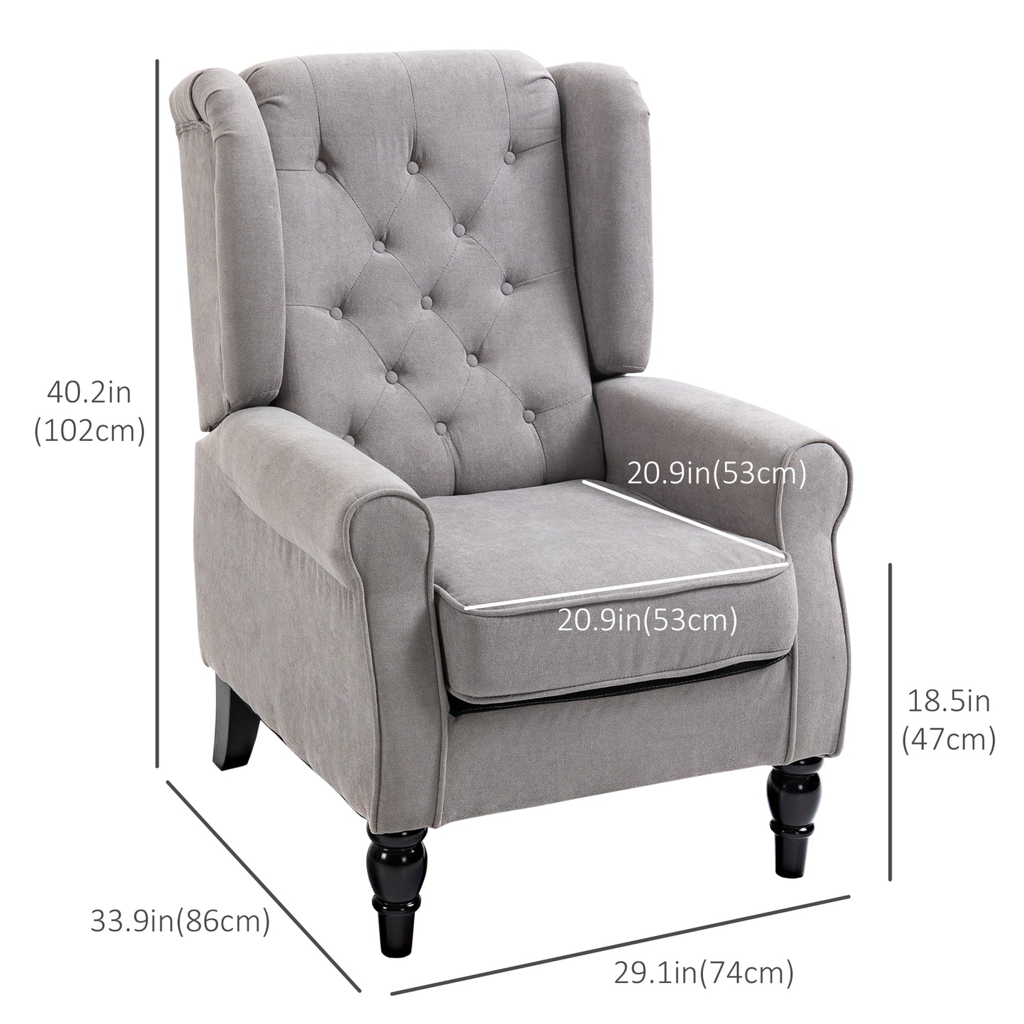 Modern fabric upholstered accent chair with wooden legs and rolled arms, gray
