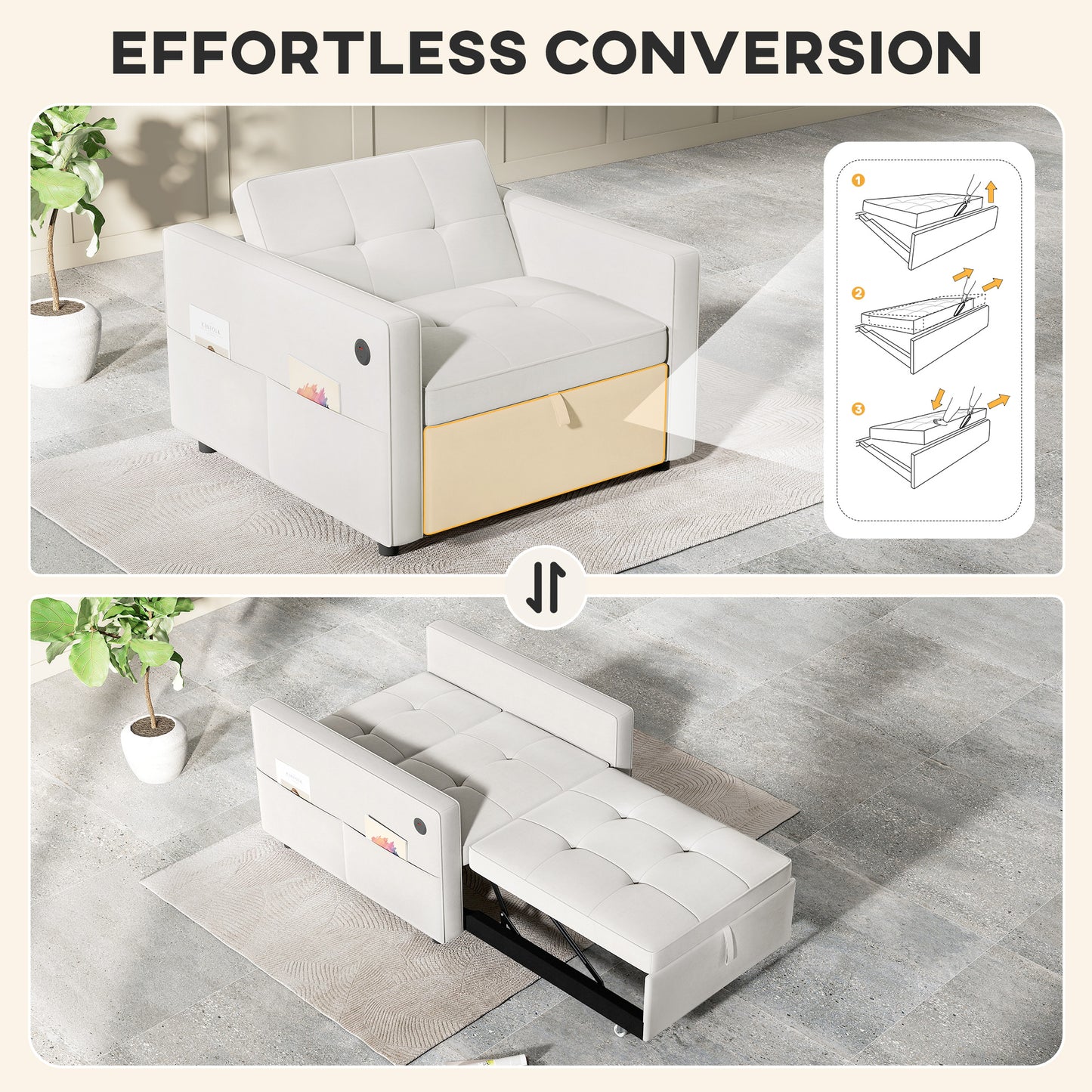 Fauteuils-lits avec port USB, dossier réglable en velours, blanc crème