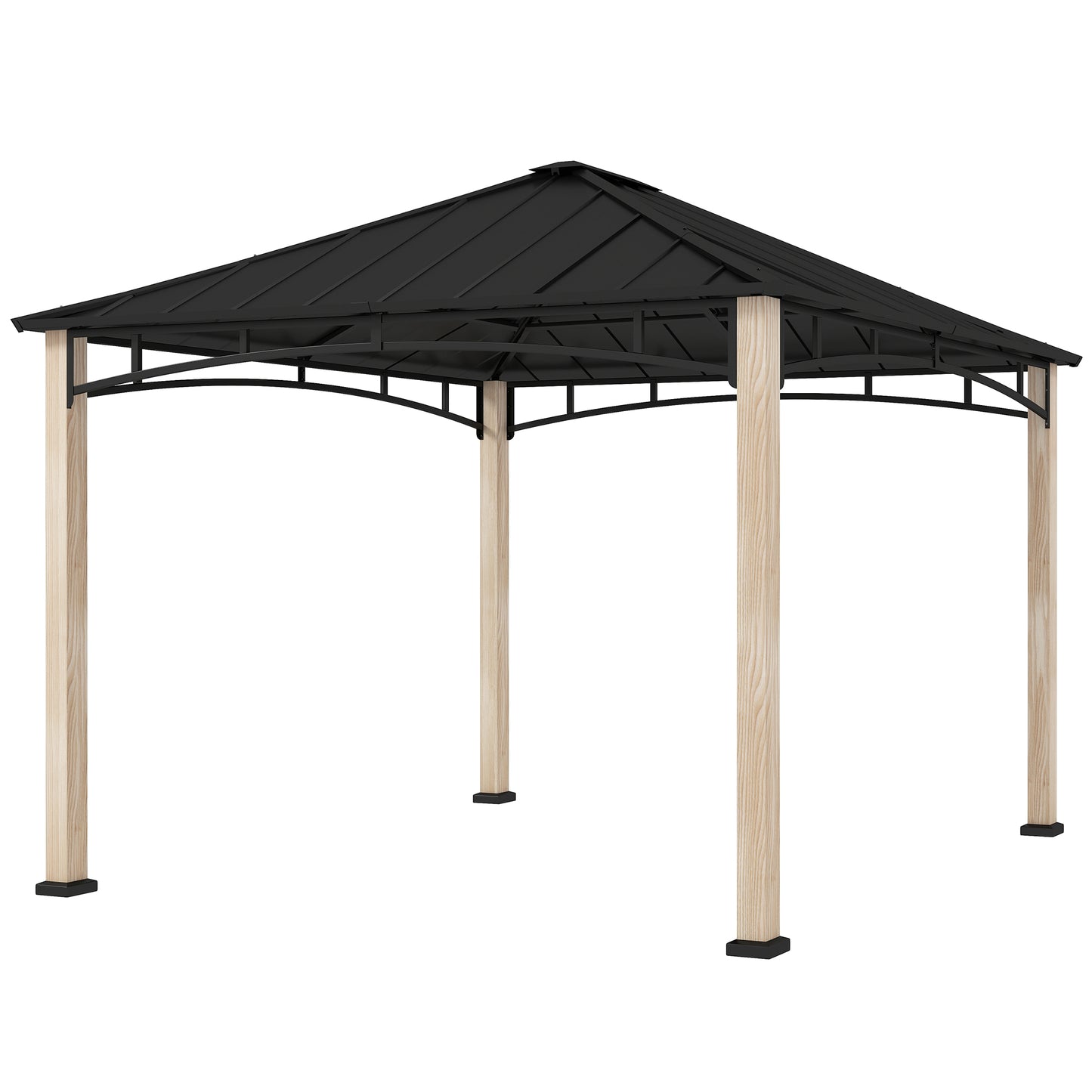 Gazebo 10' x 12' à toit rigide avec toit en métal, structure en grain de bois, auvent d'extérieur pour patio,