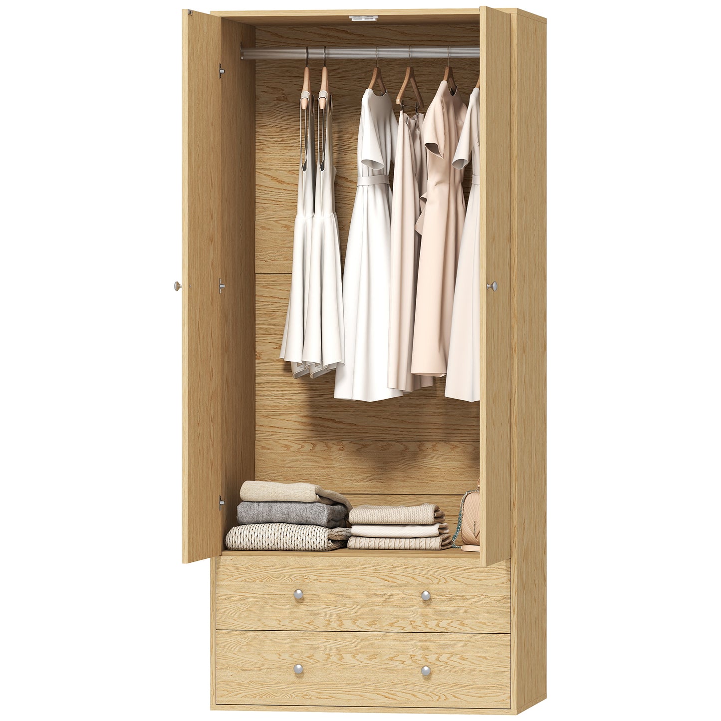 Armoire penderie moderne avec 2 tiroirs et tringle de suspension, bois naturel