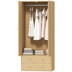Armoire penderie moderne avec 2 tiroirs et tringle de suspension, bois naturel