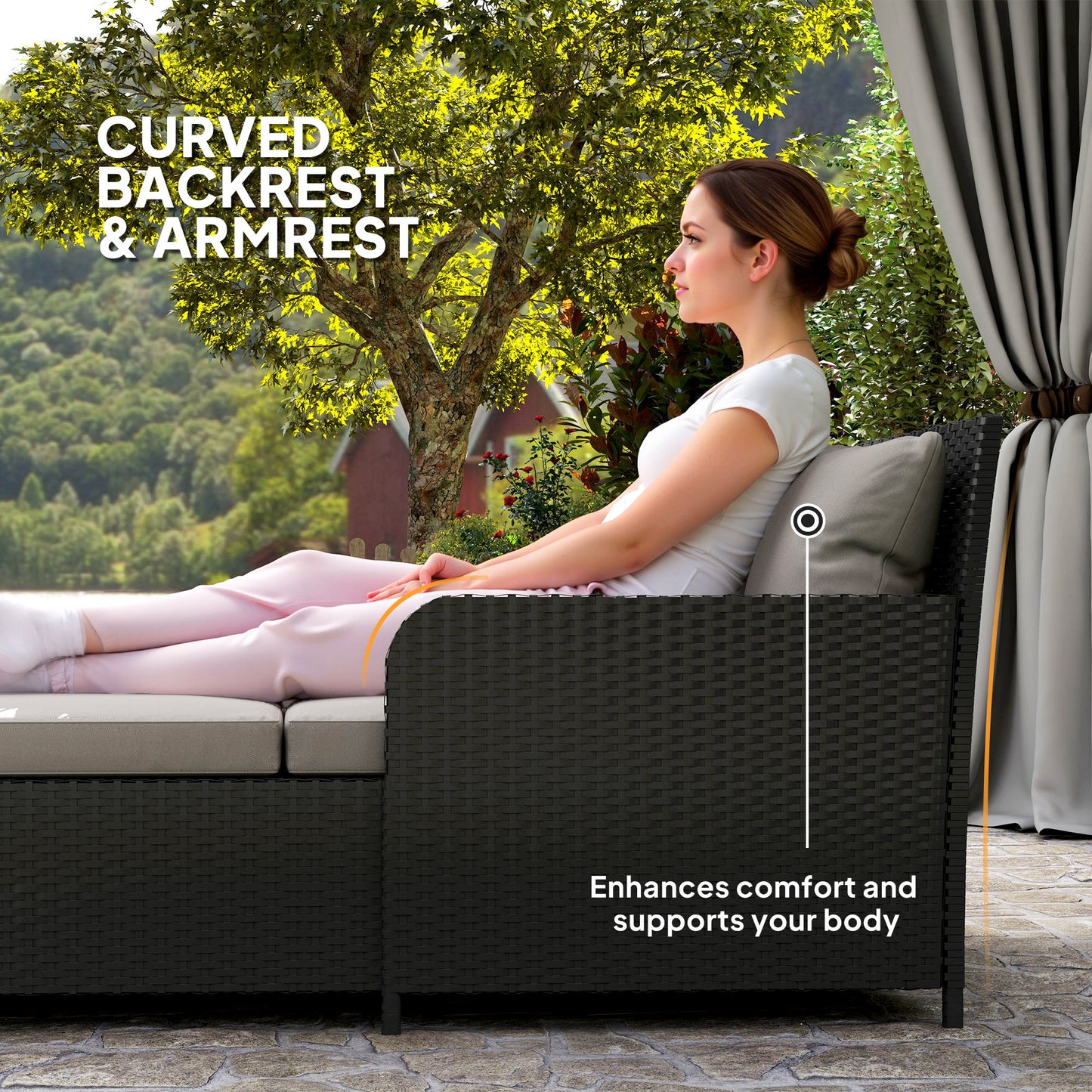 Outsunny Outdoor Rattan Sun Lounger Loveseat with Soft Cushions, 4 Pillows, Curved Backrest and Armrests, Light Grey
