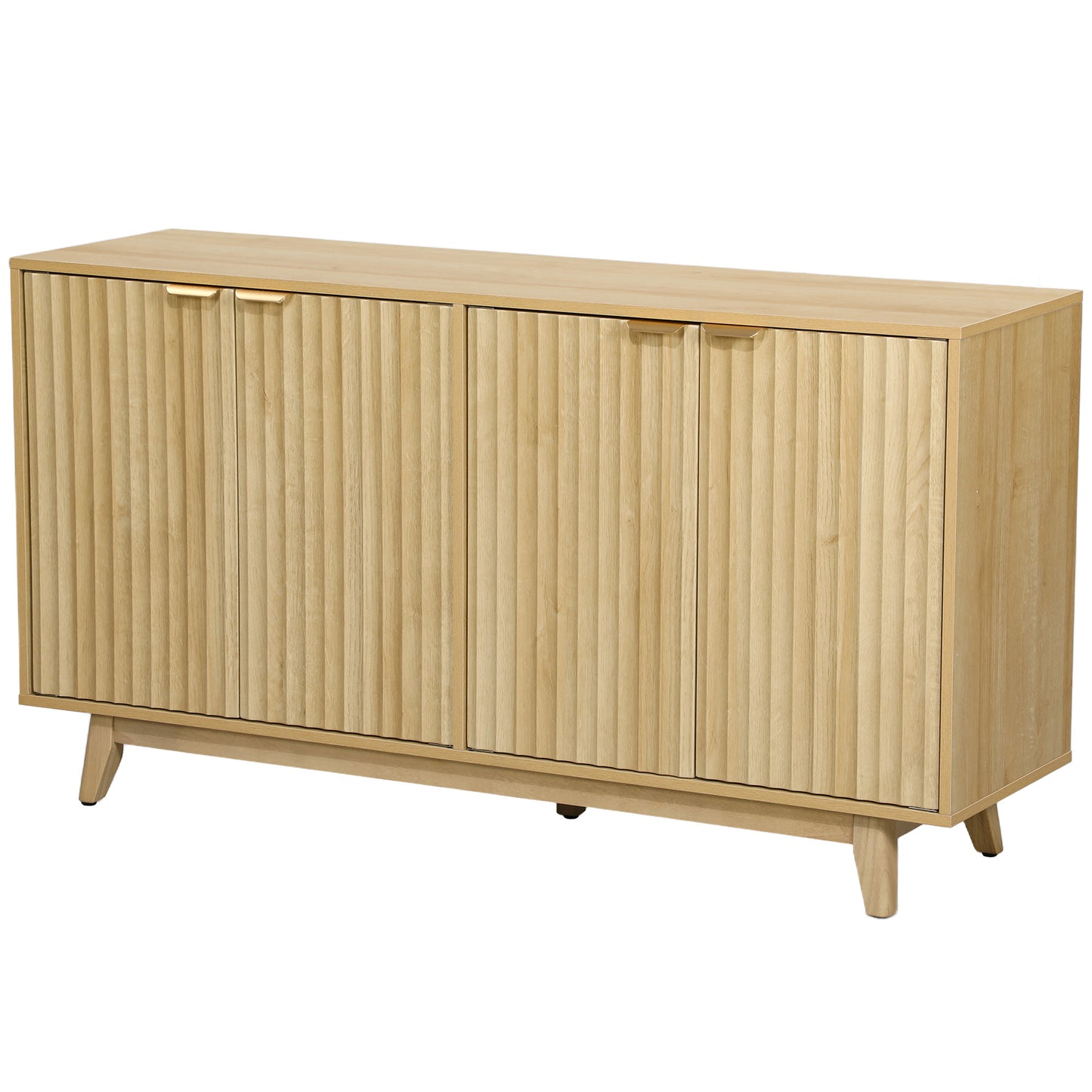 HOMCOM fluted sideboard, 140 cm bar cabinet, 4 doors, 2 adjustable shelves, 5 wooden legs, natural wood