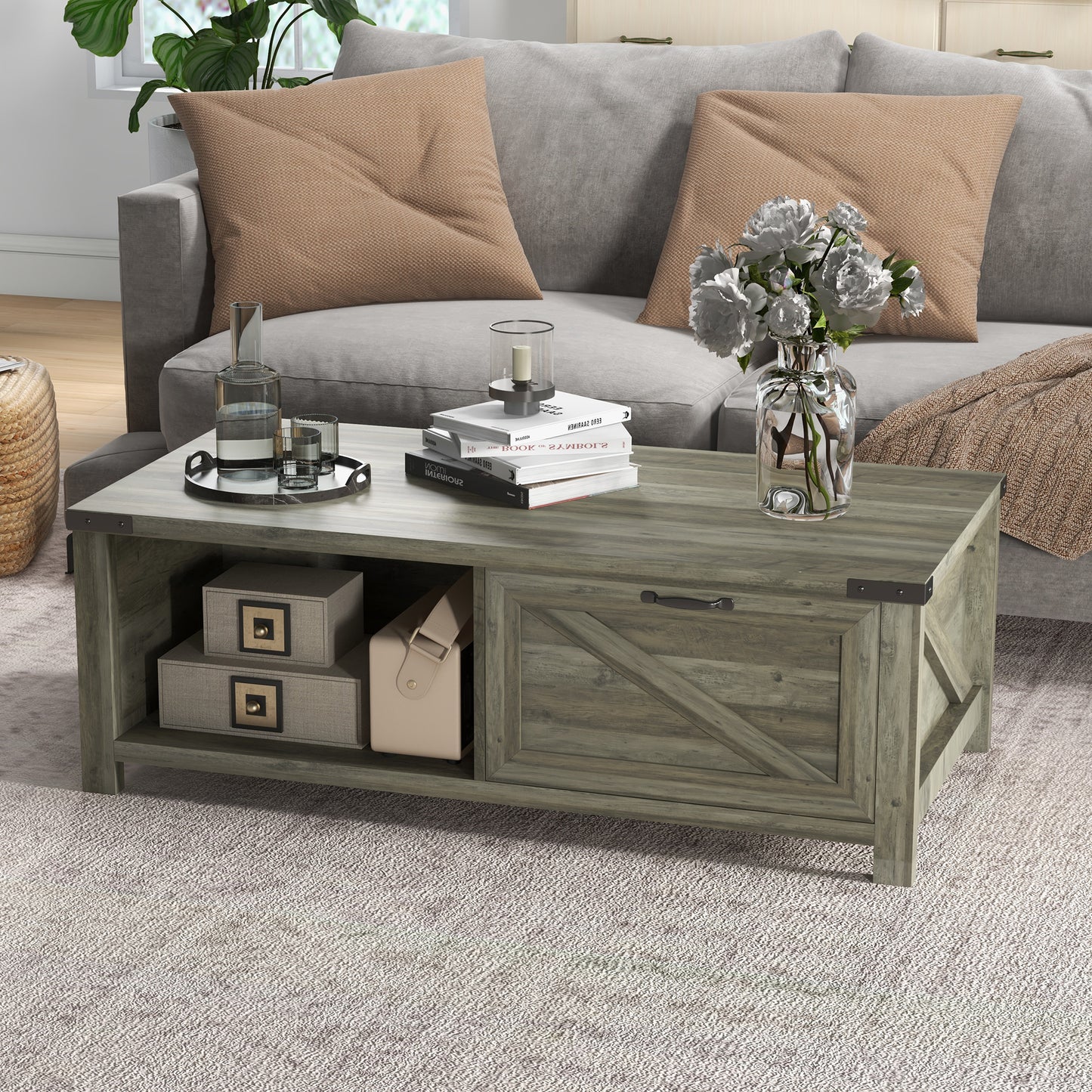 Table basse rustique avec tiroir et étagère de rangement, gris