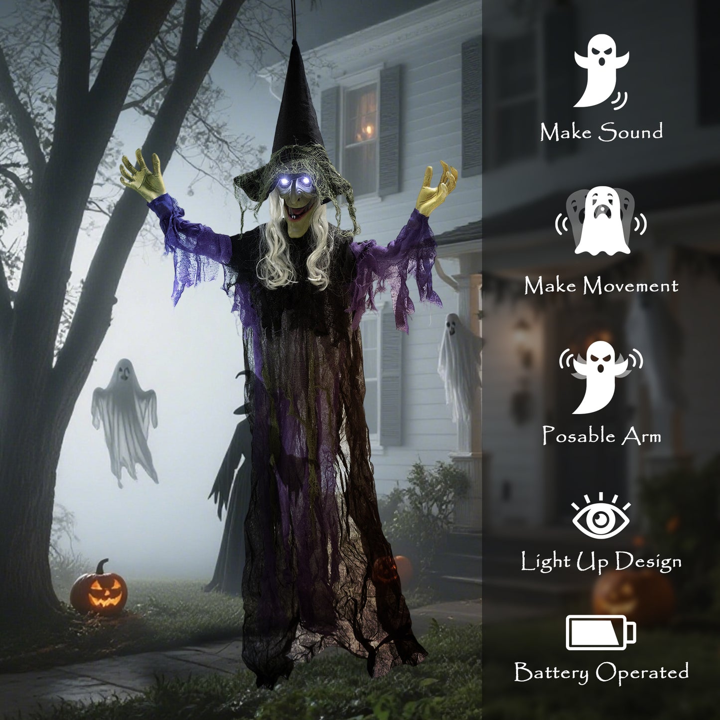 Sorcière animée grandeur nature à suspendre pour Halloween avec yeux LED lumineux,