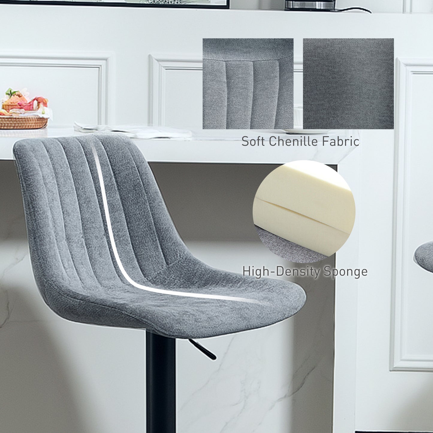 Lot de 2 tabourets de bar réglables pivotants avec dossier et repose-pieds pour îlot de cuisine, gris anthracite