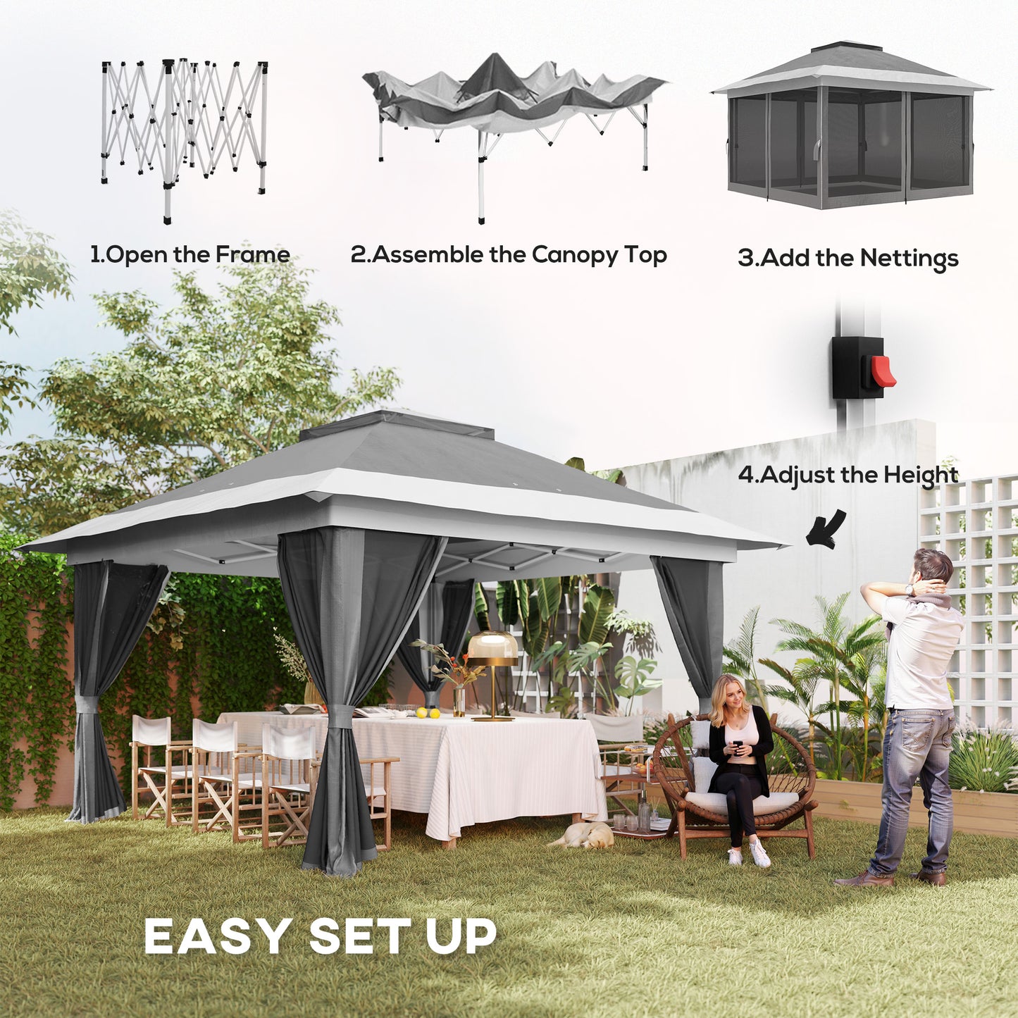 Gazebo 11,7' x 11,7' avec filet, abri solaire instantané UPF50+ avec sac de transport à roulettes et sacs de sable