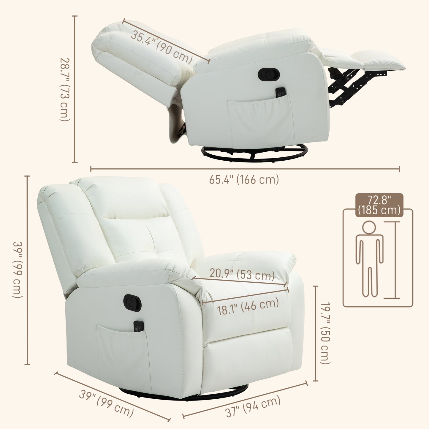 Fauteuil inclinable massant à vibrations 8 points en cuir, pivotant, poches latérales, pour salon, blanc crème