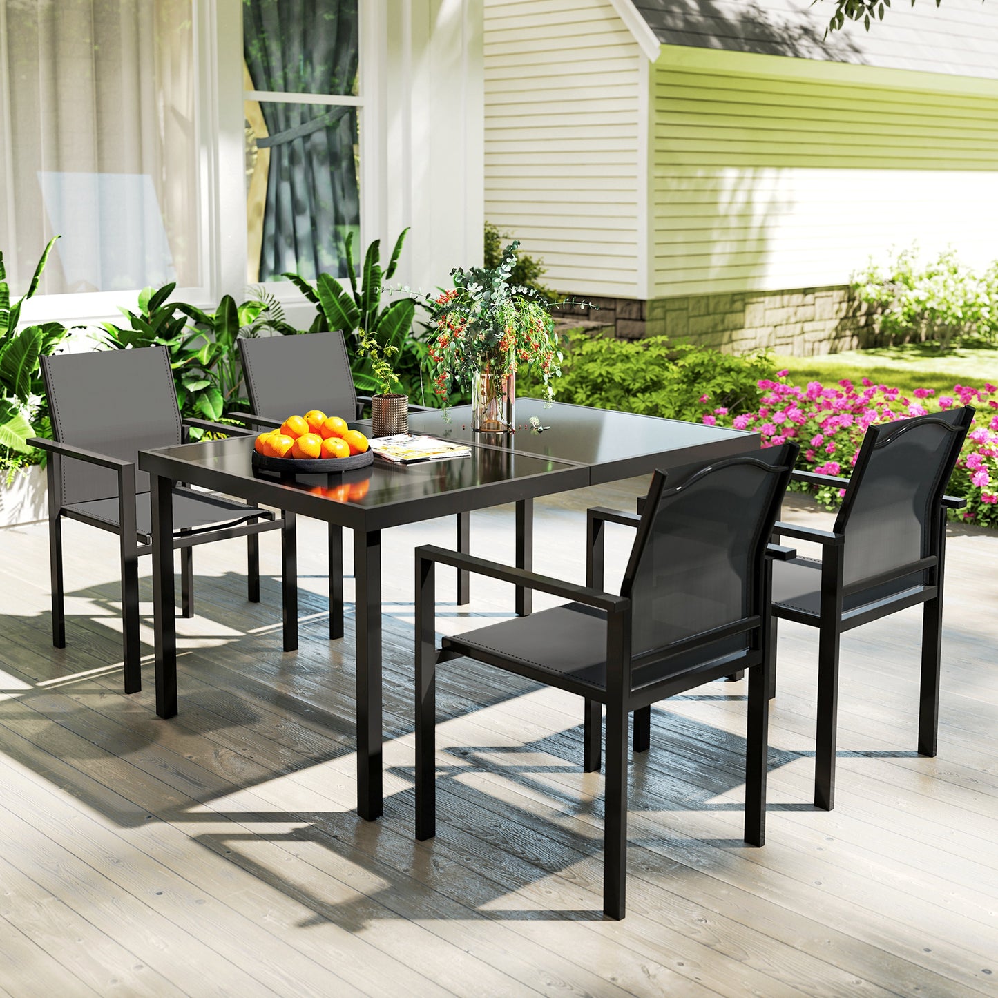 Outsunny 5-Piece Patio Dining Set with 4 Stackable Chairs, Tempered Glass Top and Rust-Proof Metal Frame