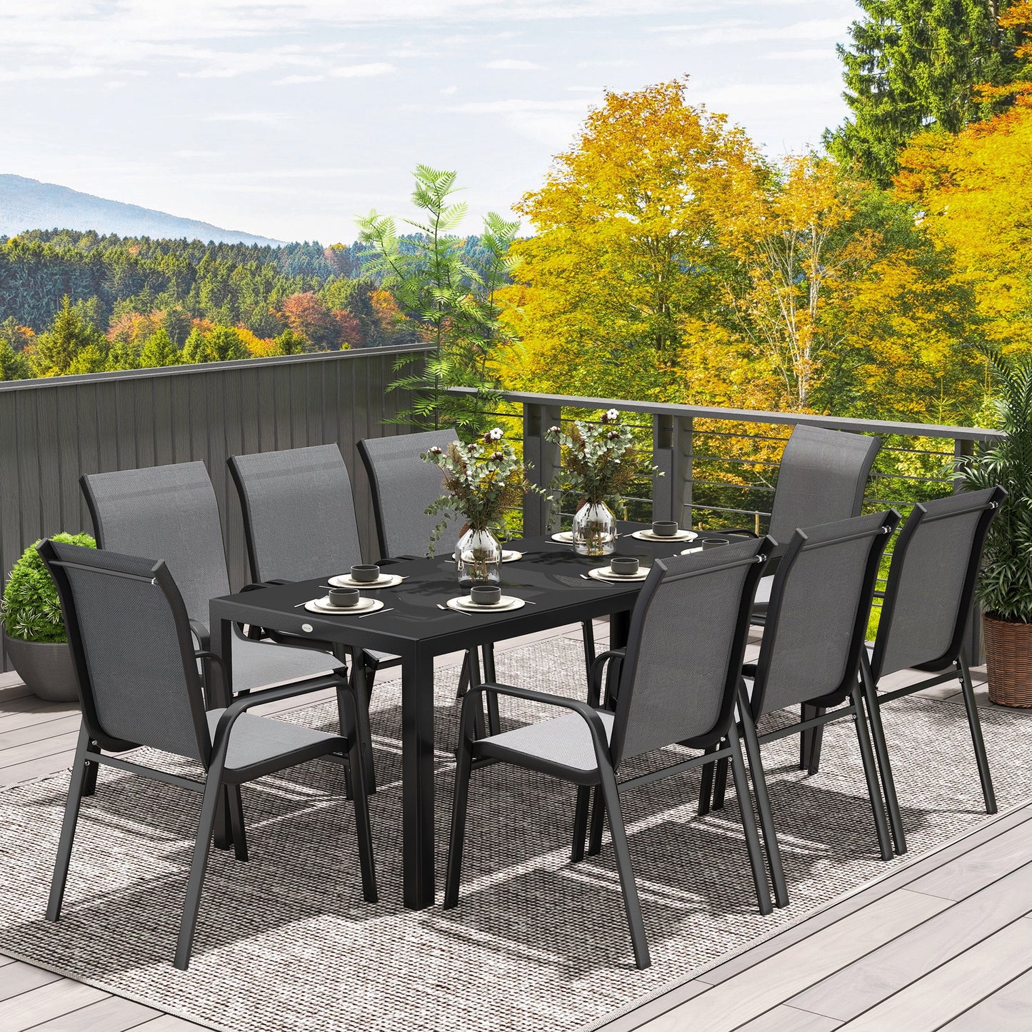 Outsunny 9-Piece Dining Set with Stackable Chairs and Glass Top for Garden, Patio and Backyard, Grey
