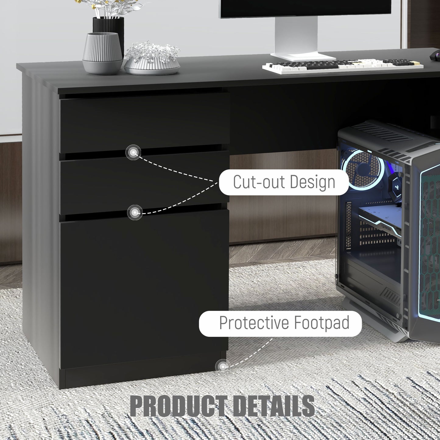 Computer Desk with Storage, Drawers and Cabinet for Home Office, Study Room, Black