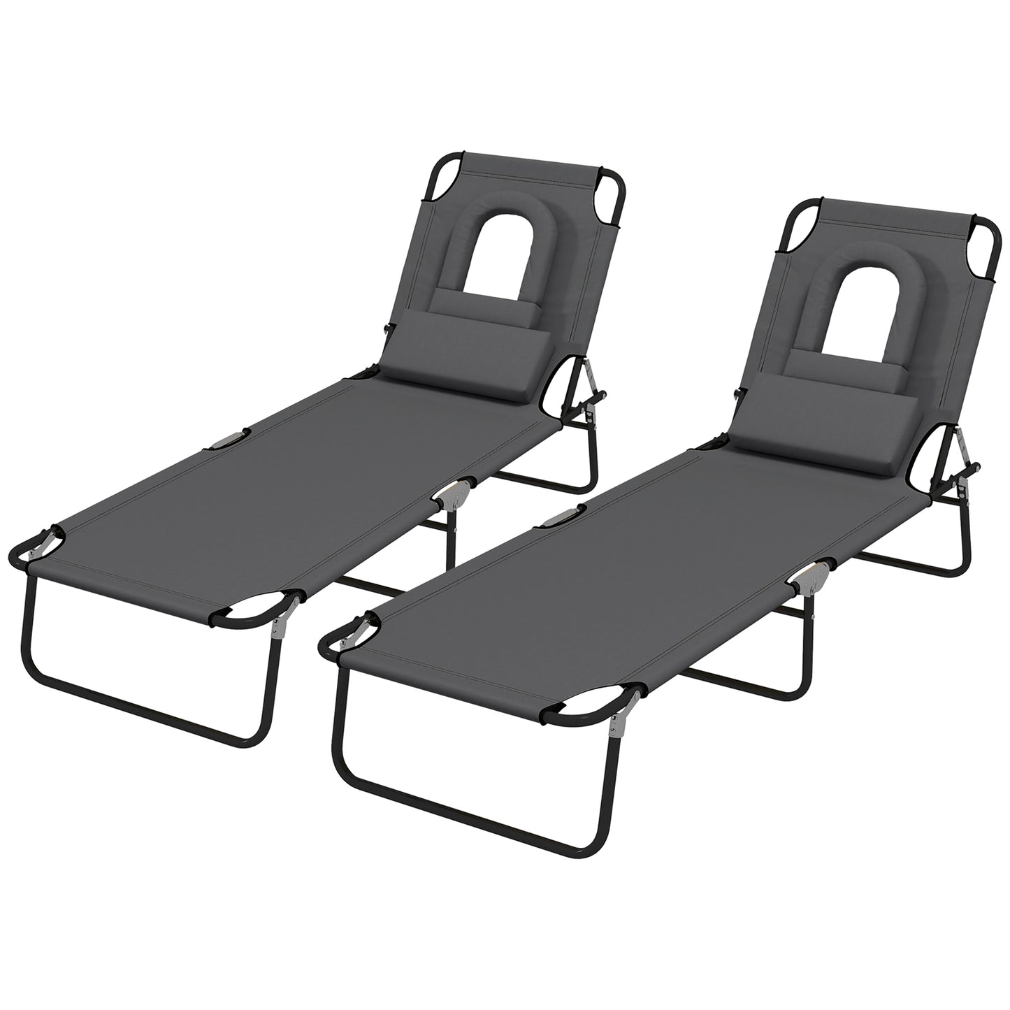 Lot de 2 chaises longues d'extérieur réglables avec trou pour le visage, siège inclinable pour bronzage, gris