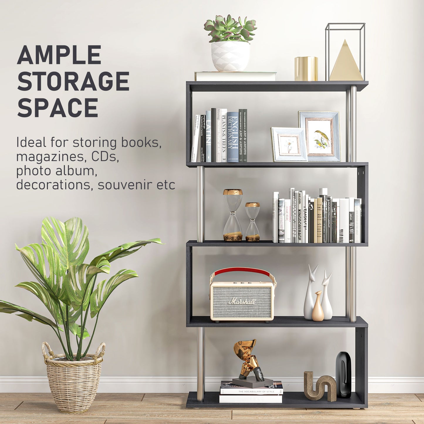 5-Tier Geometric Wooden Bookcase, Black
