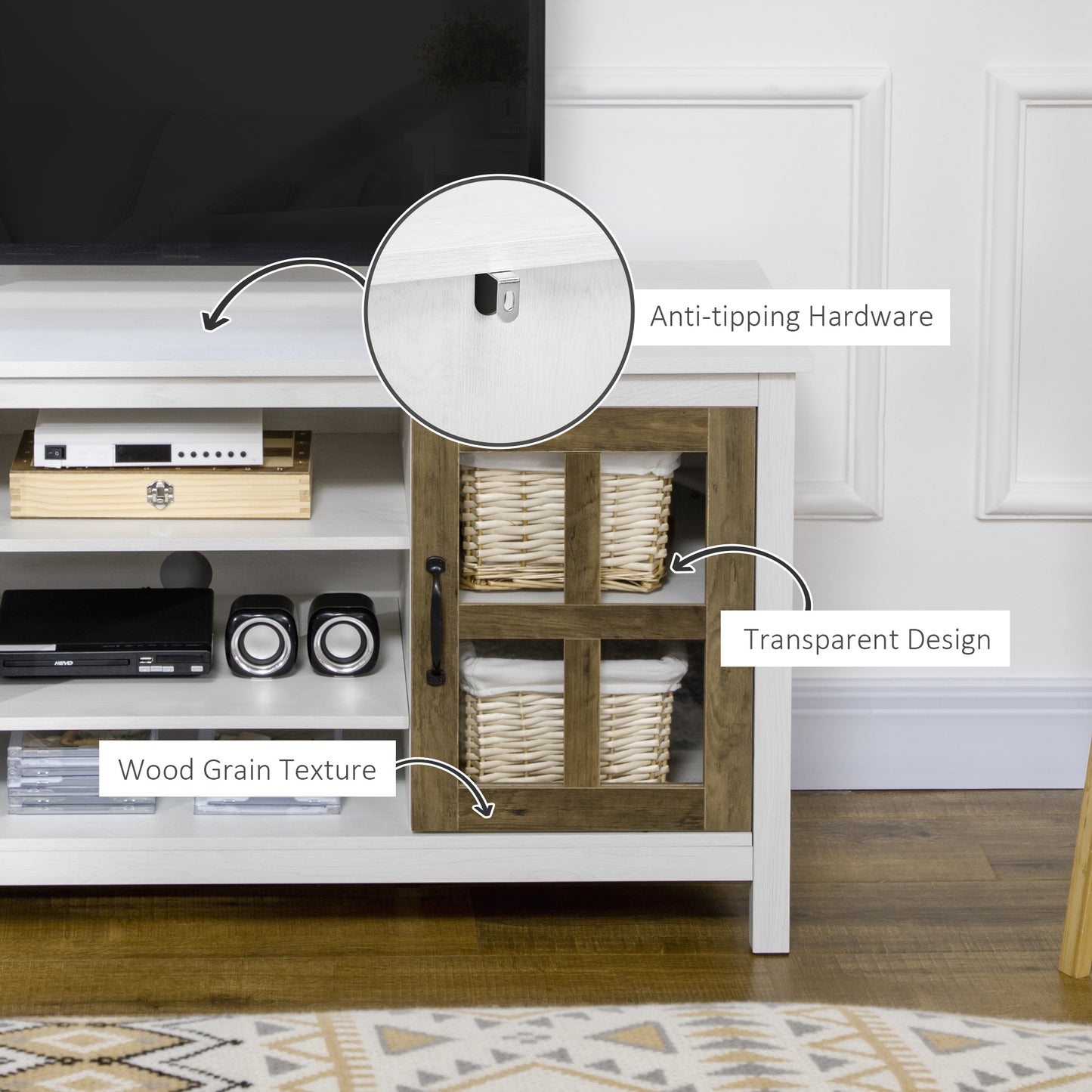 Meuble TV pour téléviseurs jusqu'à 55 pouces, avec étagères réglables et passe-câbles, blanc
