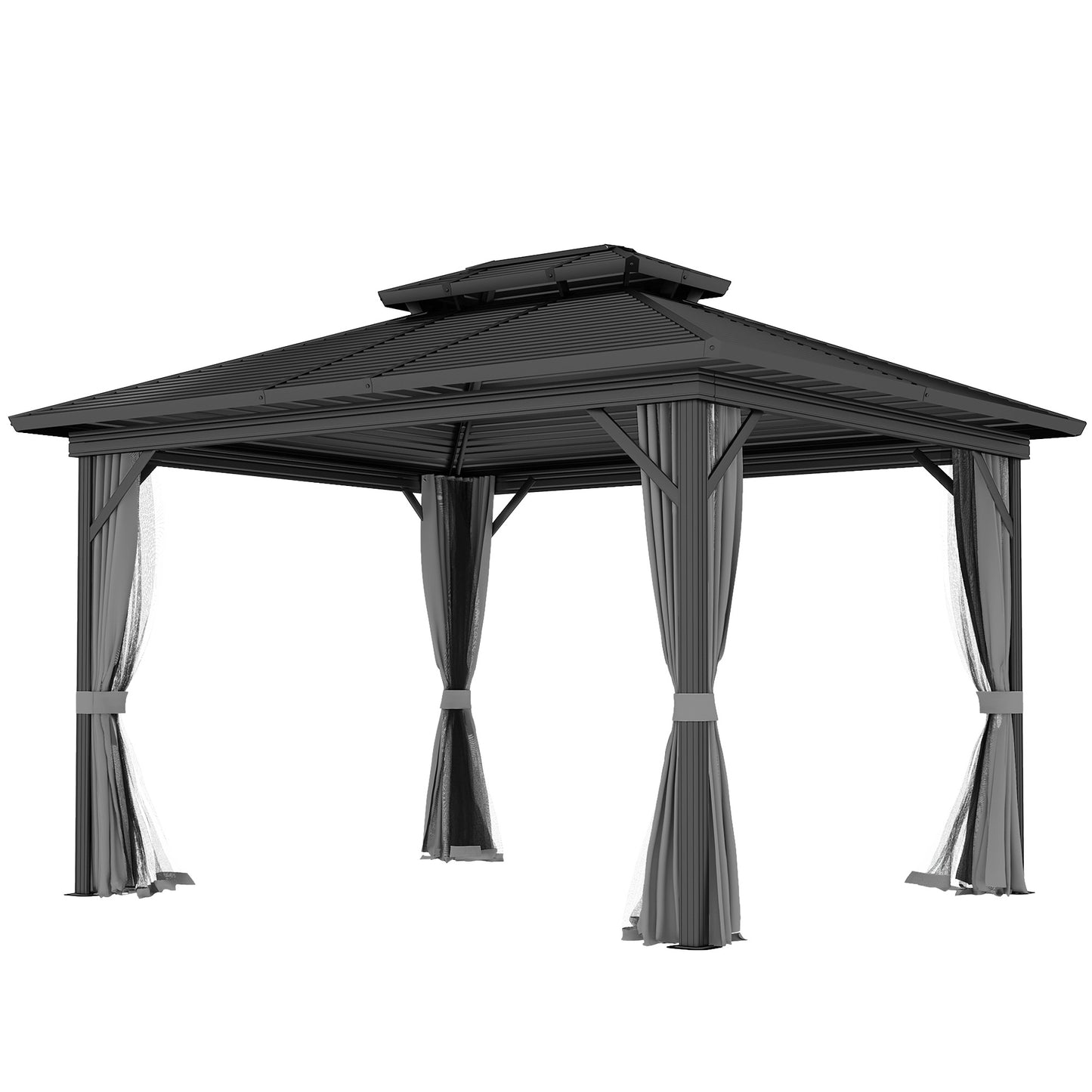 Gazebo 10' x 12' à toit rigide métallique à deux niveaux, moustiquaire et crochet de suspension, gris clair