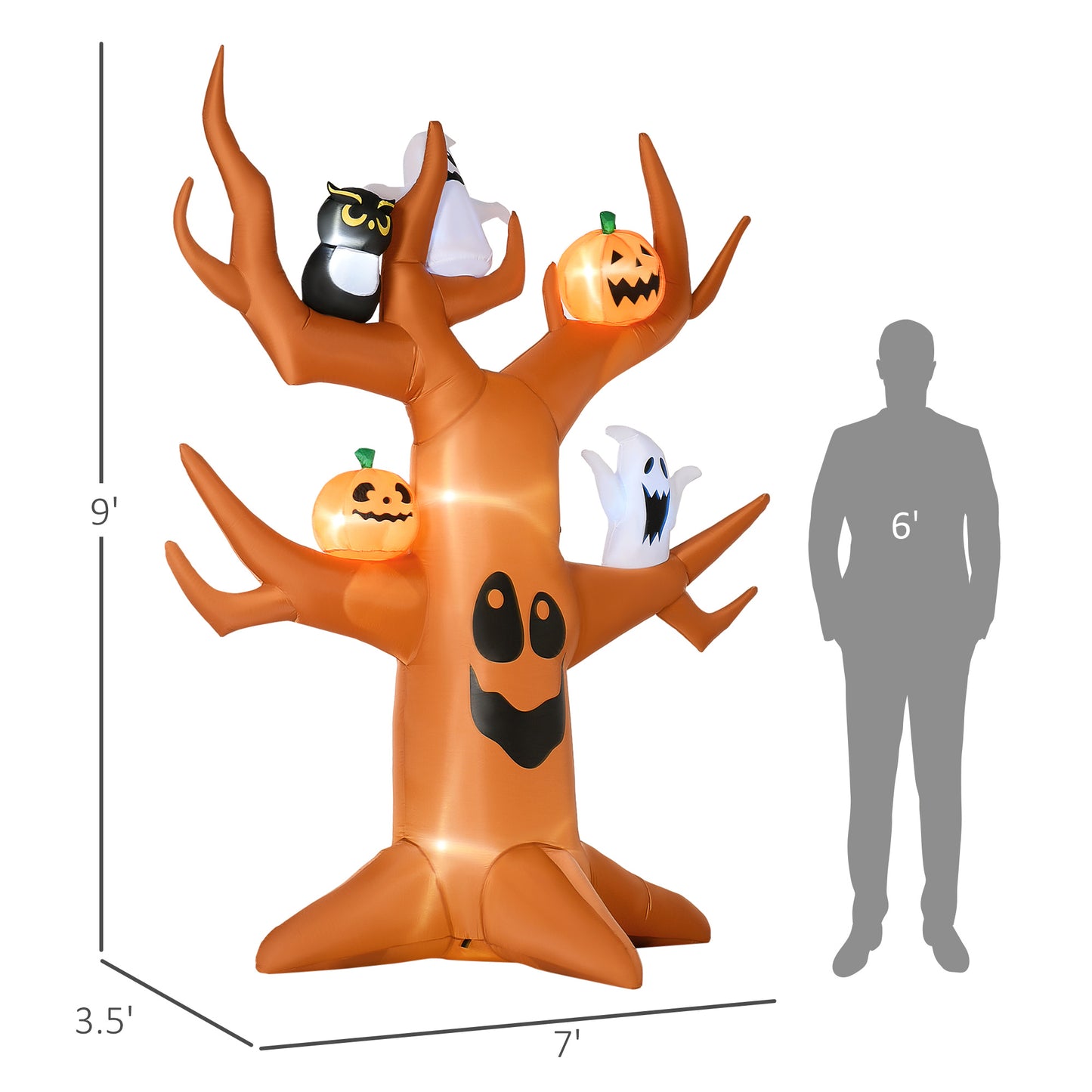 Arbre hanté gonflable d'Halloween de 2,7 m avec citrouilles, fantômes et chat, affichage LED