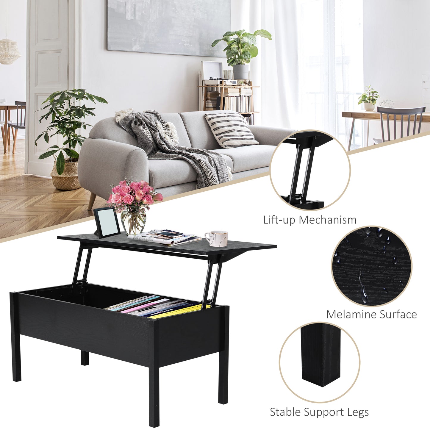 Table basse moderne 99 cm avec plateau relevable et compartiment de rangement dissimulé, noire