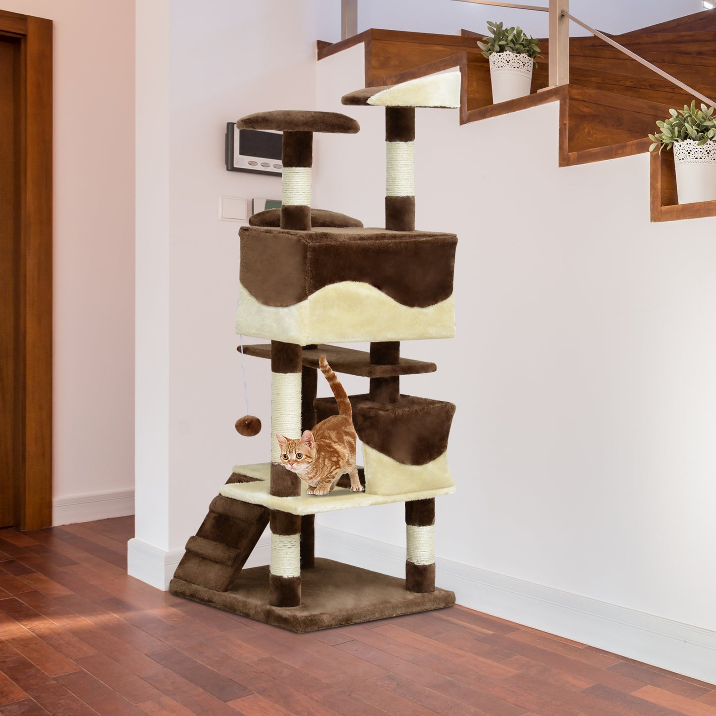 53" Cat Tree with Scratching Post, Large Multi-Level Kitten Playhouse