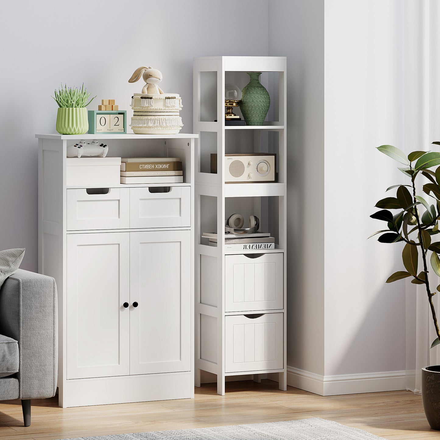 Meuble de rangement étroit pour salle de bain, blanc