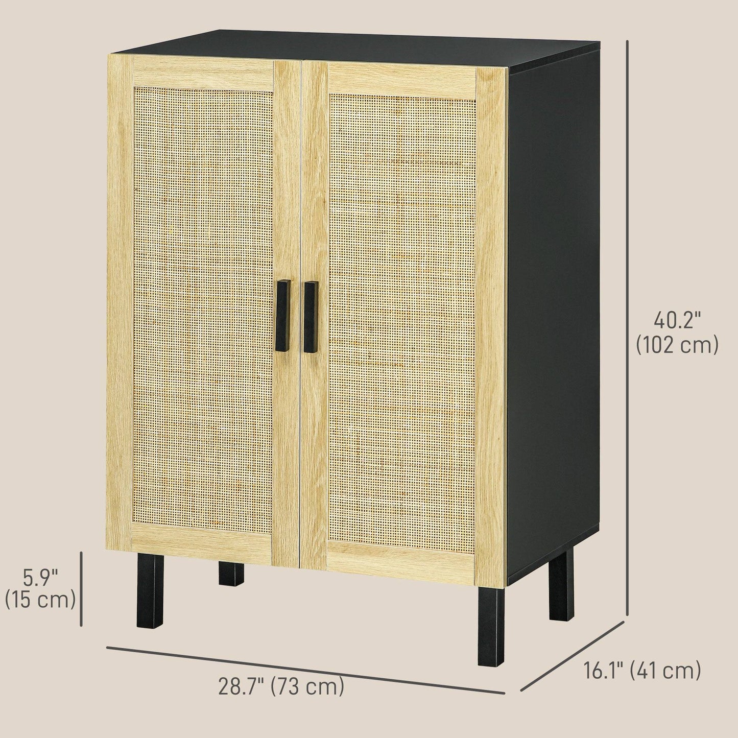 Bohemian sideboard, sideboard with 2 rattan doors and adjustable shelves, black and beige