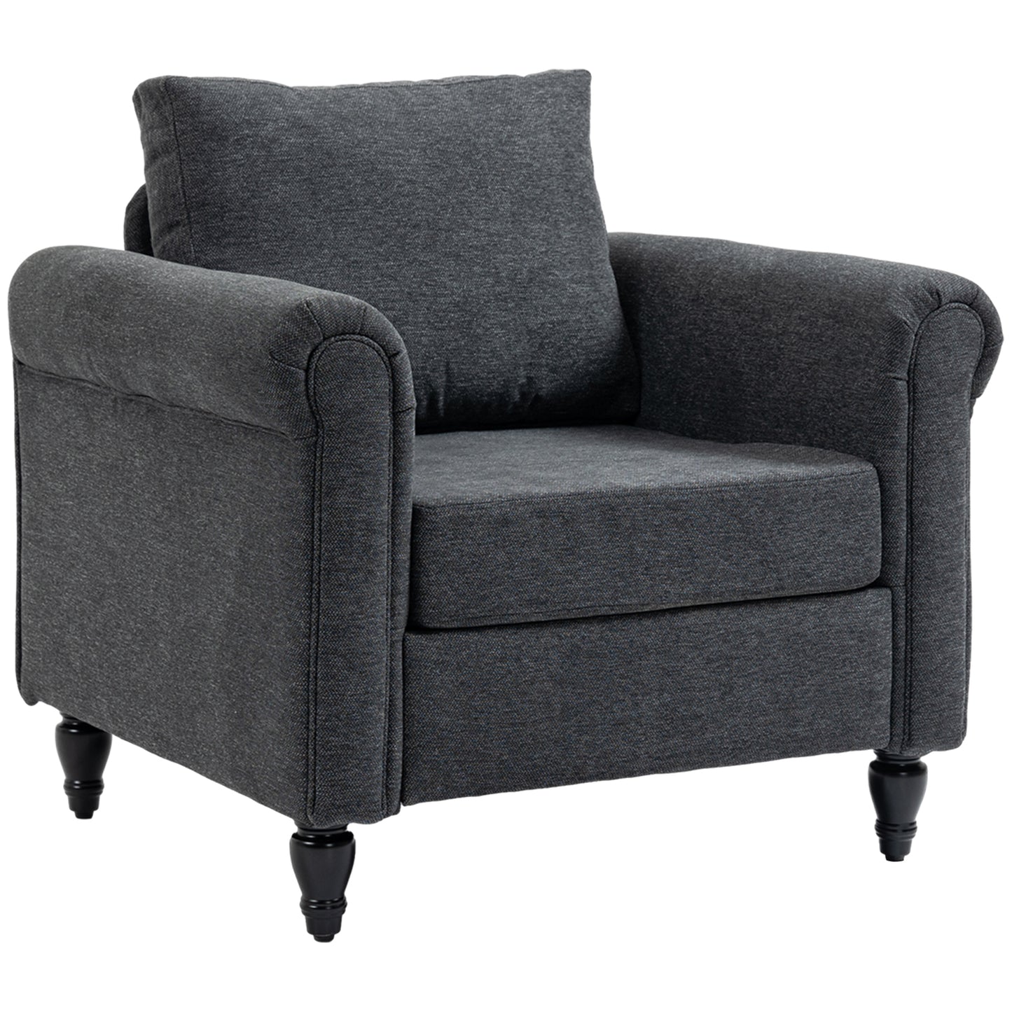 Vintage upholstered armchair with rolled armrests, rubberwood legs, dark gray