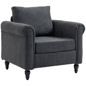 Fauteuil vintage rembourré avec accoudoirs roulés et pieds en bois d'hévéa, gris foncé