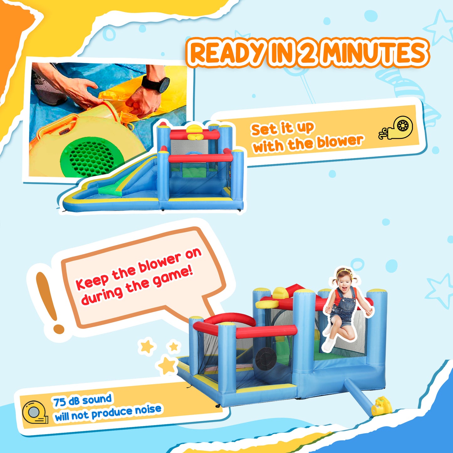 Kids Bouncy Castle with 550W Blower, Water Slide, 2 Wading Pools, Basketball Hoop, Dart Board, 12.6' x 9.5' x 5.9'