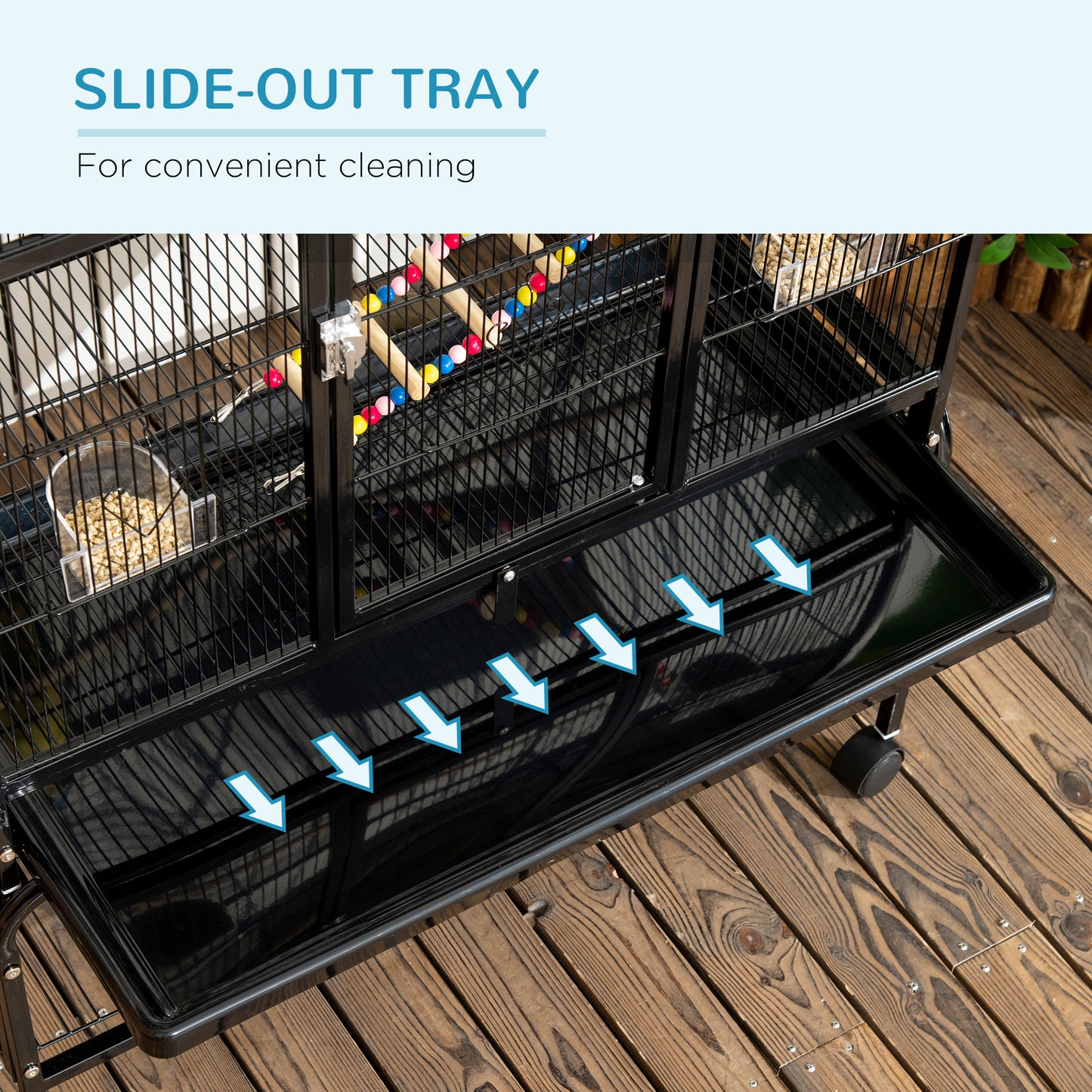 Cage à oiseaux avec roulettes, perchoirs, rampe, étagère de rangement, jouets pour canaris, pinsons, calopsittes et perruches, noire