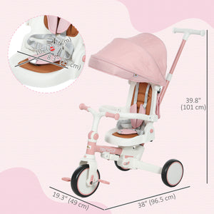 Tricycle 7 en 1 avec harnais de sécurité, poignée parentale réglable et amovible, rose