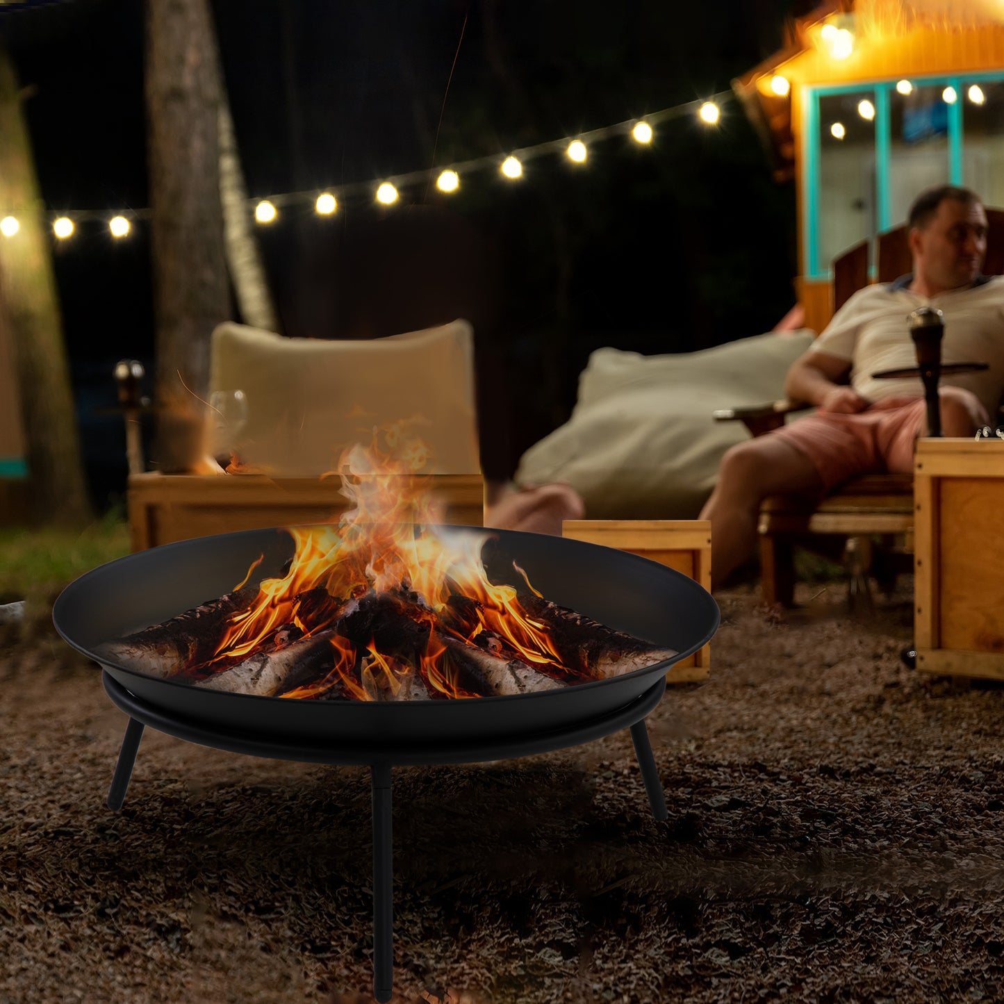 Outsunny Fire Pit with Poker, Patio Heater, Wood Stove for Outdoor Campfire, Black