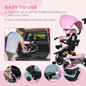Tricycle 6 en 1 pliable avec siège réglable et poignée de poussée, rose
