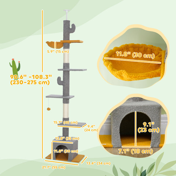 Cat tree with adjustable height from 229 to 274 cm, scratching posts, hammock, lounger and play ball, light gray