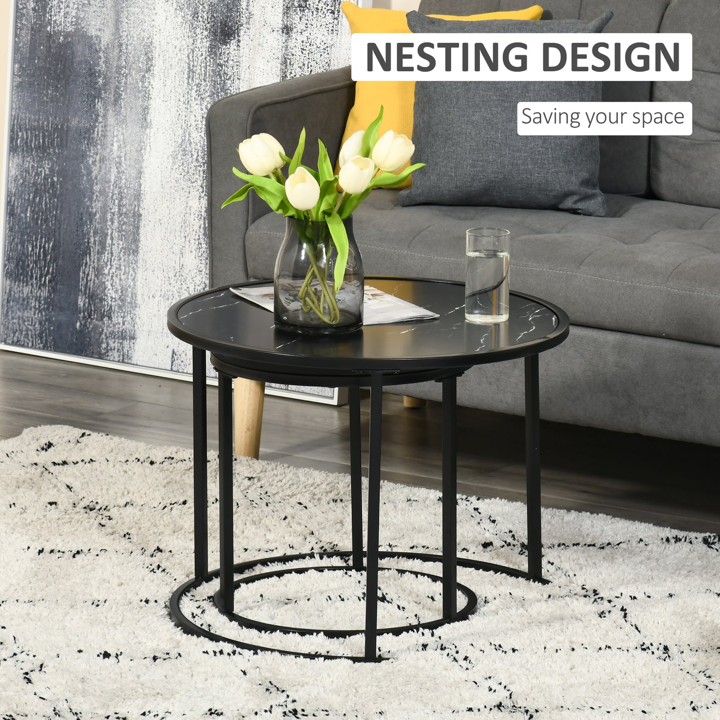 Lot de 2 tables basses rondes modernes avec plateau en faux marbre et cadre en métal, noir
