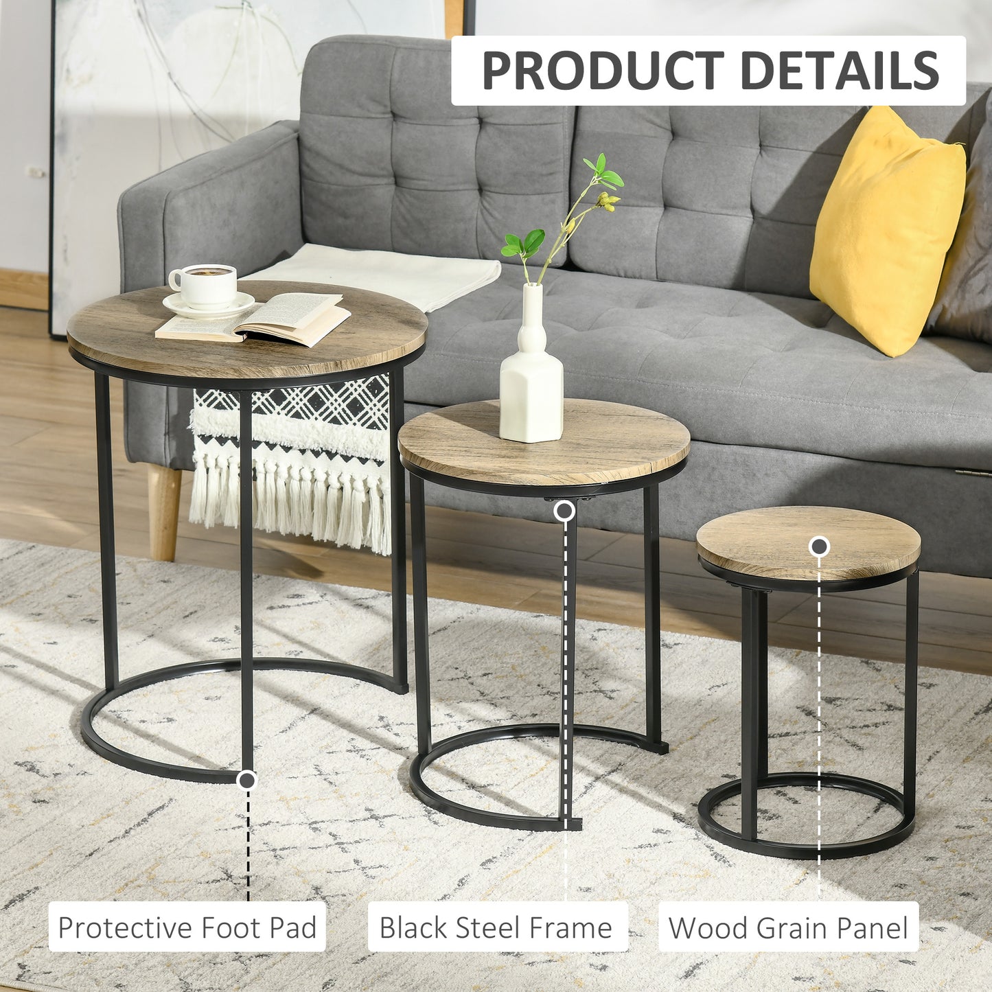 Lot de 3 tables d'appoint empilables avec cadre en acier pour salon