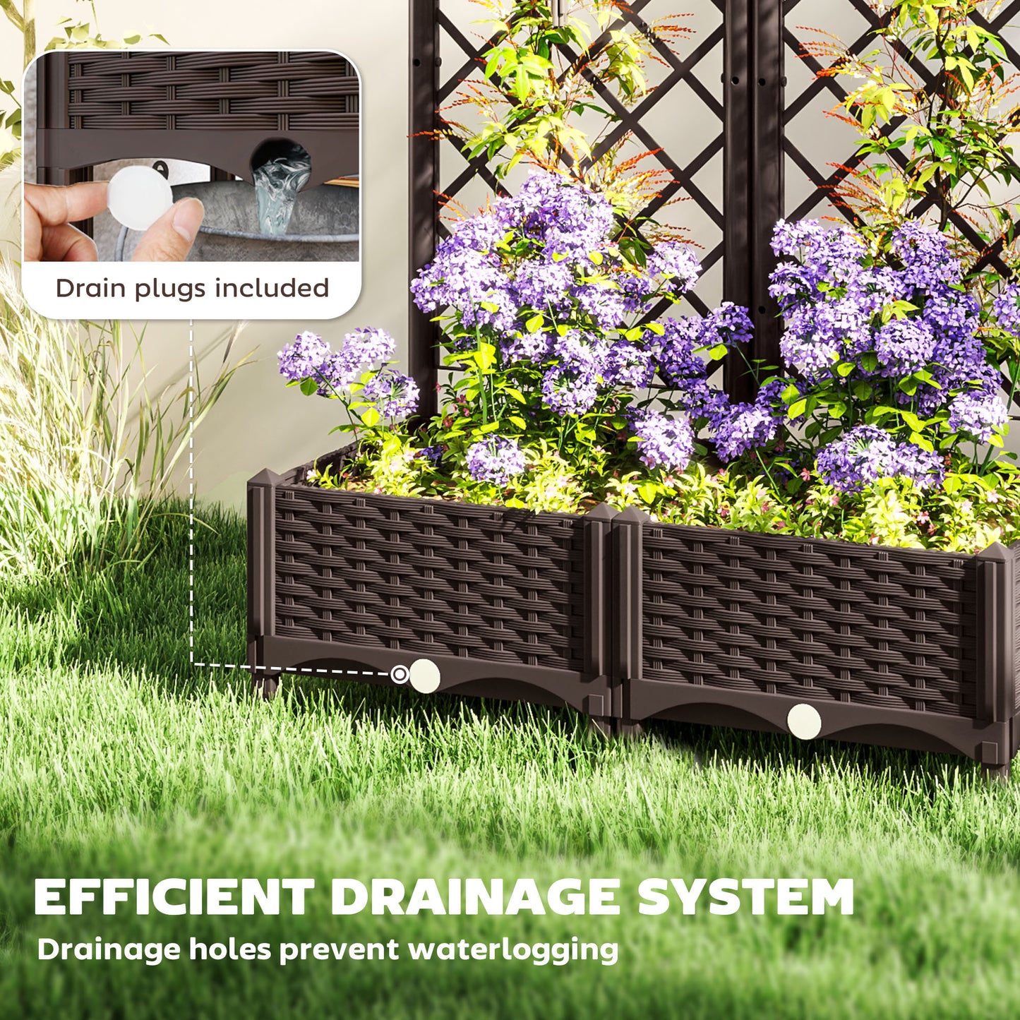 Jardinière surélevée Outsunny avec treillis, plate-bande surélevée en plastique avec trous de drainage et bouchons de drainage, 81 x 40 x 122 cm