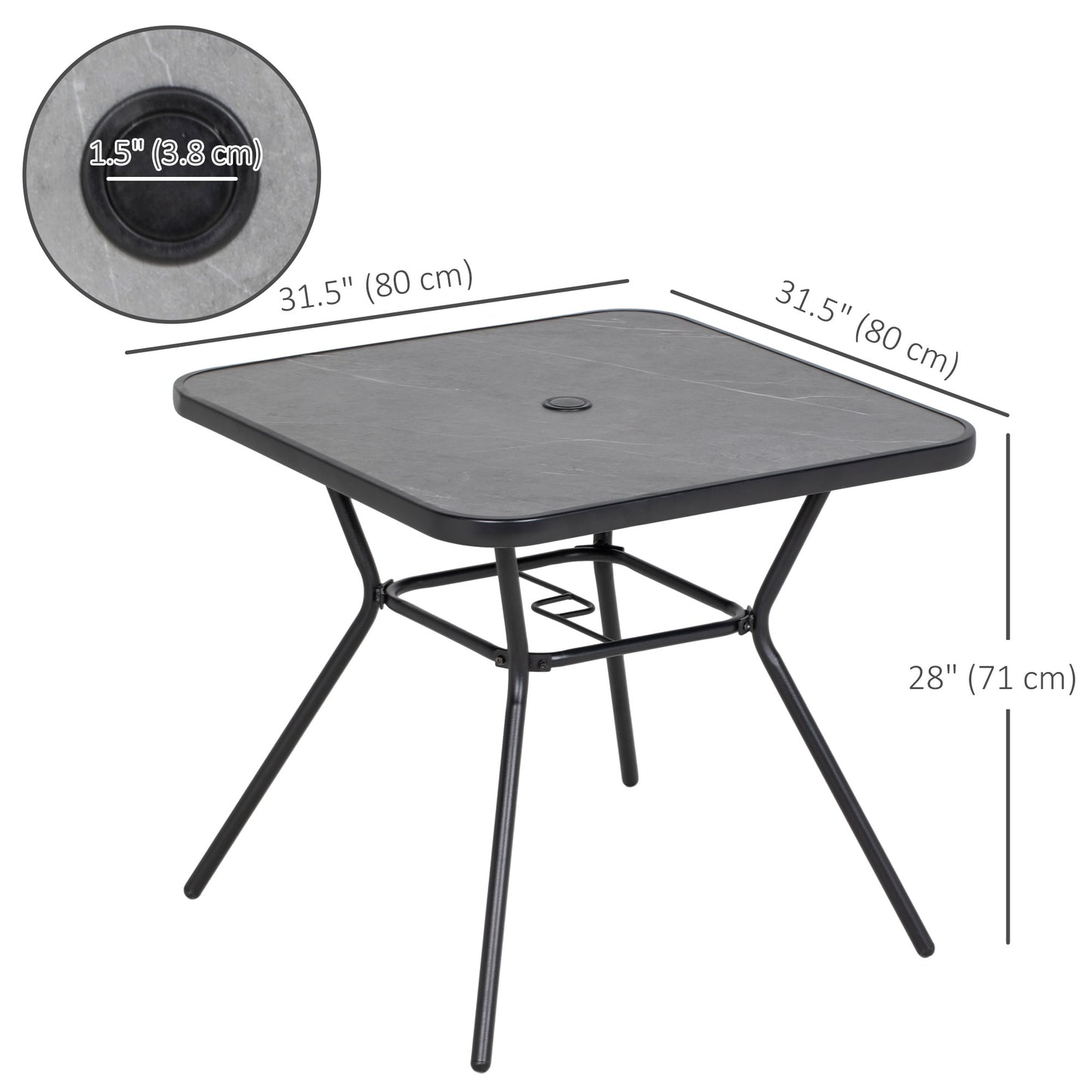 Outsunny Square Outdoor Table, Bistro Coffee Table with Faux Marble Top and 42mm Umbrella Hole, Dark Grey