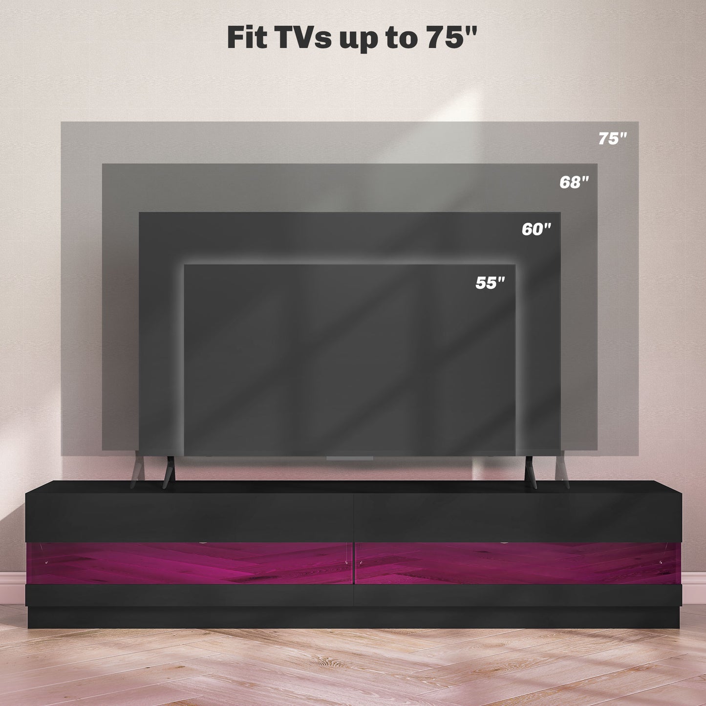 Meuble TV éclairé pour téléviseurs jusqu'à 75 pouces, noir brillant