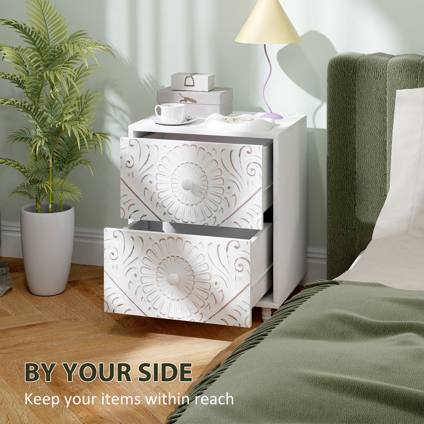 Table de chevet style milieu de siècle avec 2 tiroirs pour chambre à coucher, blanche