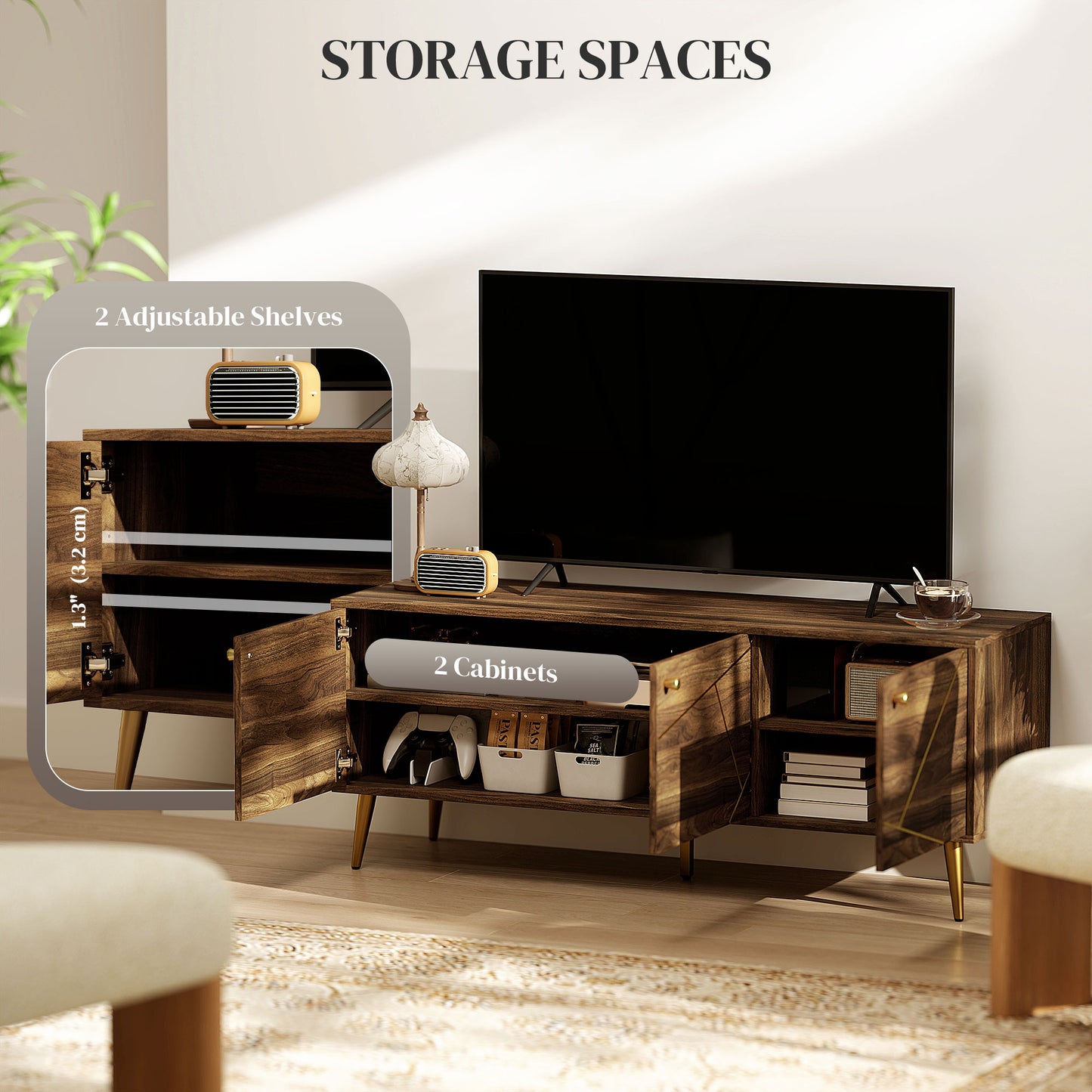 HOMCOM Modern TV Stand for TVs up to 60 inches, with Adjustable Shelves and Cable Management for Living Room, Rustic Brown