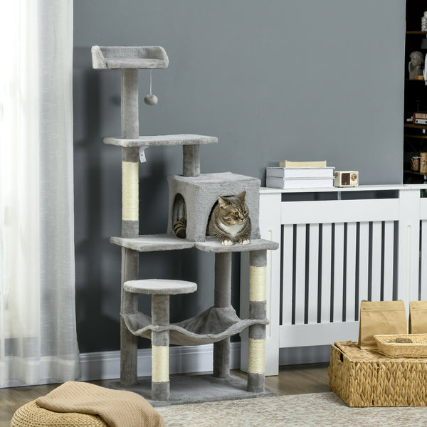 Large 142cm Multi-Level Cat Tree with Hammock, Basket & Sisal Scratching Posts, Grey