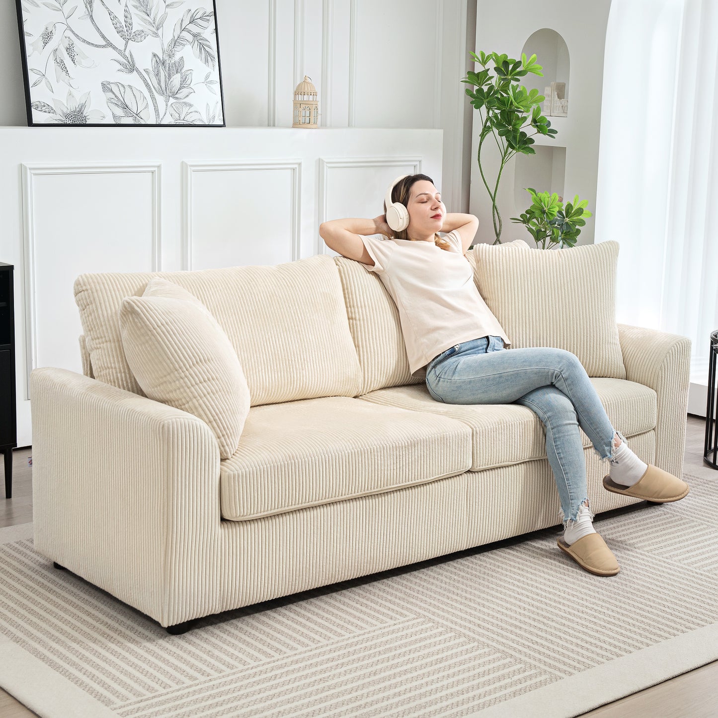 Canapé 3 places moderne avec ressorts ensachés et 2 coussins décoratifs, blanc crème
