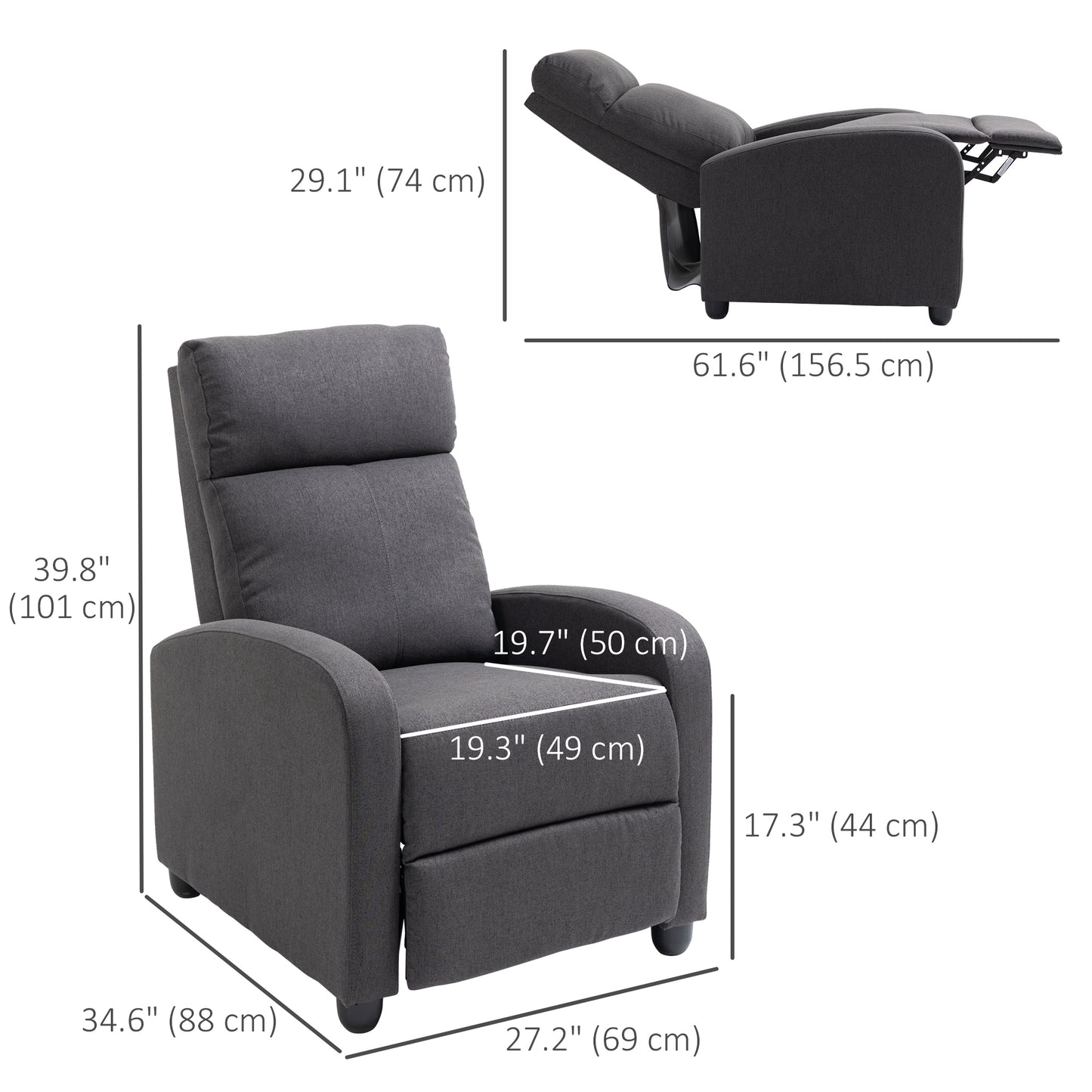 Fauteuil inclinable manuel en tissu respirant pour cinéma maison avec assise rembourrée, gris foncé