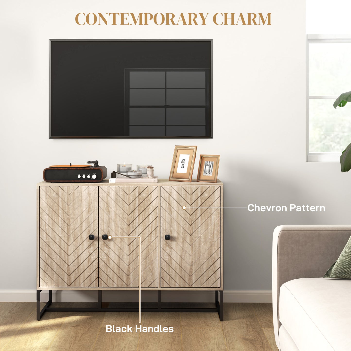 Buffet moderne avec étagères réglables, 3 portes à chevrons pour salon, couloir, grain de bois de chêne