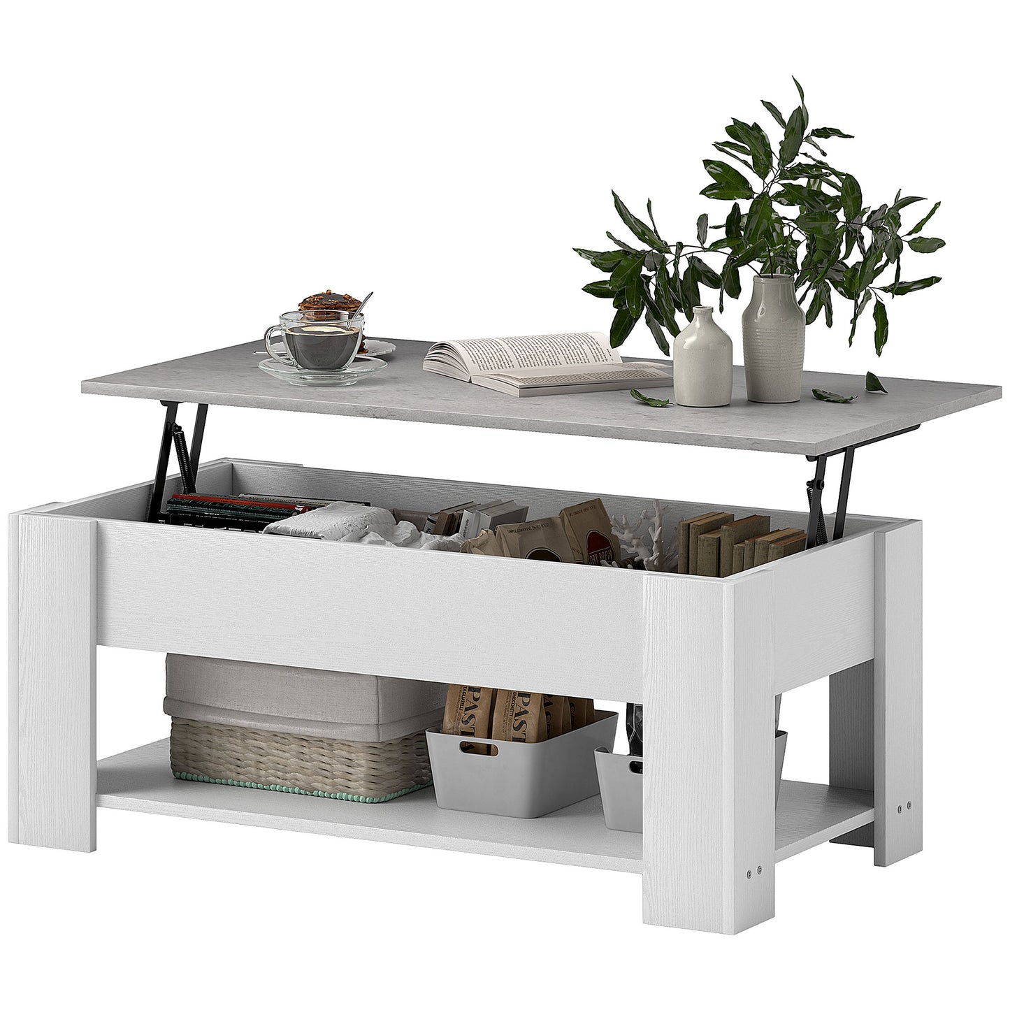 Table basse relevable avec compartiment de rangement dissimulé et étagère ouverte, blanche