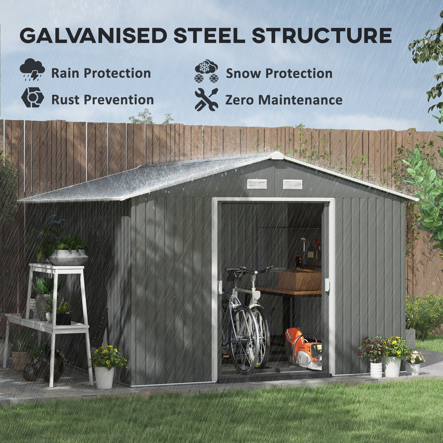 9' x 10.6' Garden Shed with Foundation Kit for Storage with Double Doors, Light Gray