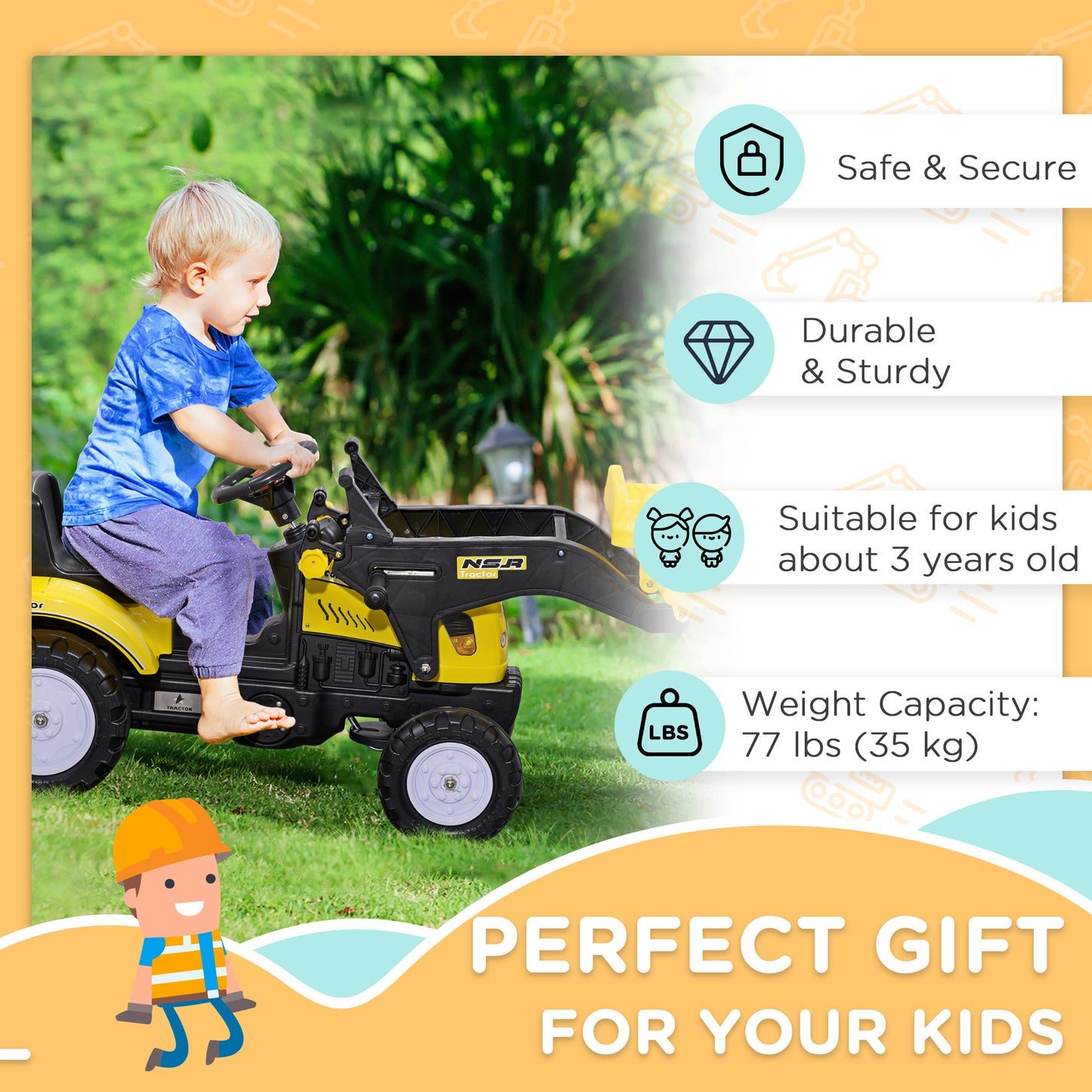Pedal Tractor for 3 Year Old Kids, Pedal Construction Vehicle with Front Loader, Yellow