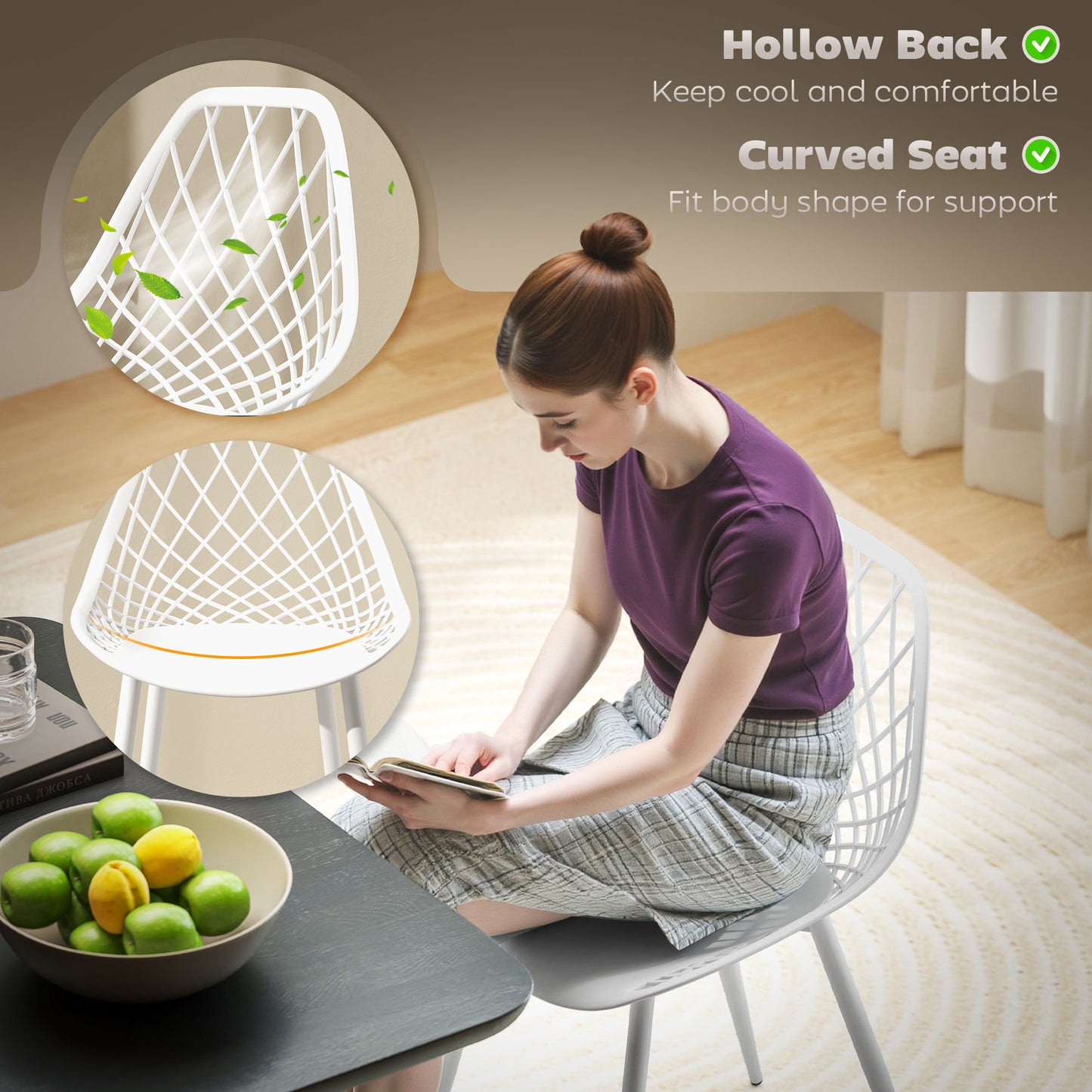 Lot de 4 chaises de salle à manger modernes en plastique avec dossier creux et pieds en métal, blanches