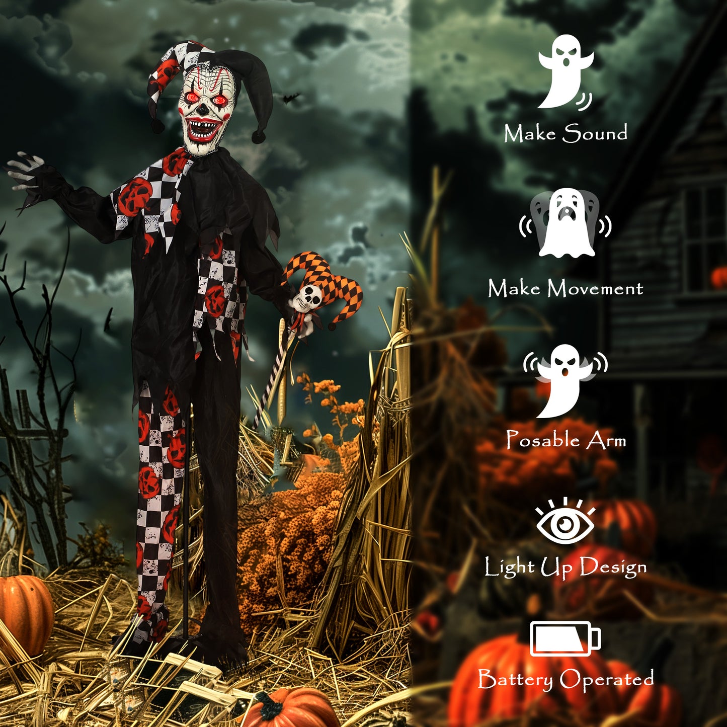 Clown animé grandeur nature, yeux rouges lumineux, décorations d'Halloween effrayantes activées par le son