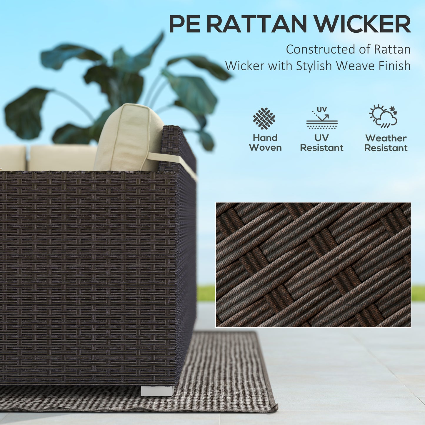 Outsunny 6 Piece Rattan Garden Furniture Set with Corner Sofa, Coffee Table, Wood and Plastic, Light Khaki