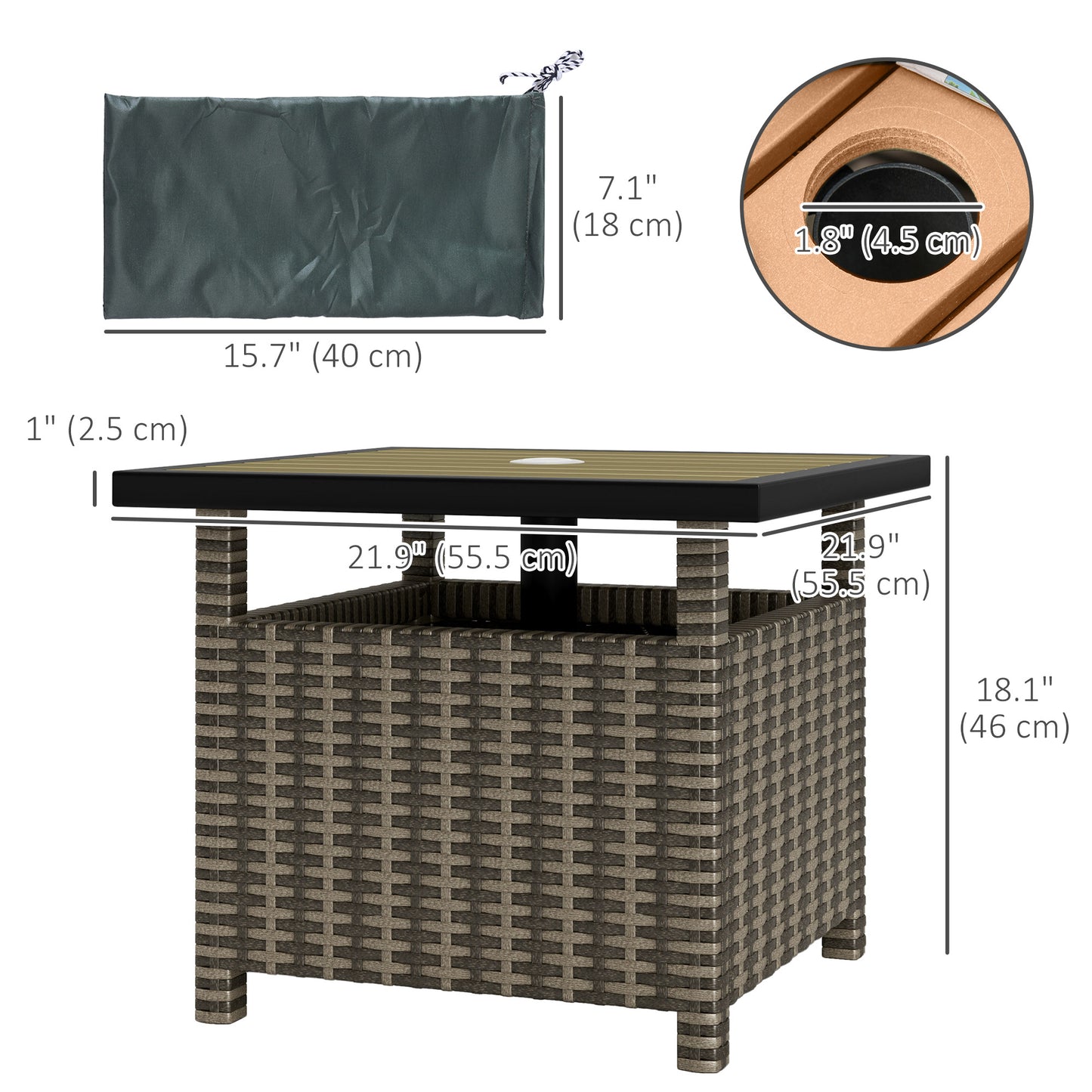 Outsunny 55cm Square Rattan Table with Umbrella Hole, Outdoor Patio Side Table, Can Be Used as an Umbrella Stand, Grey Mix